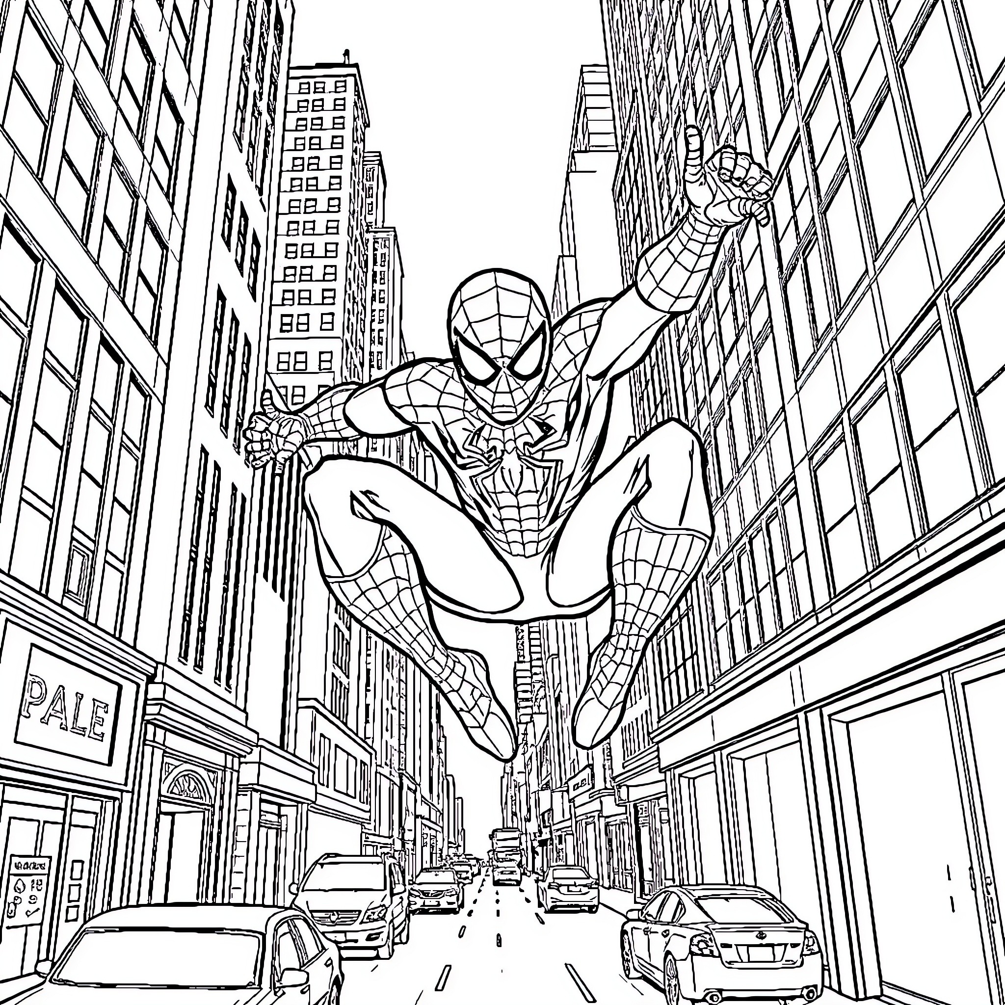 Spiderman swinging through the city streets Coloring Page (free black-and-white line drawing printable PDF for all, from beginners to advanced learners, including children, teens, adults, and seniors)
