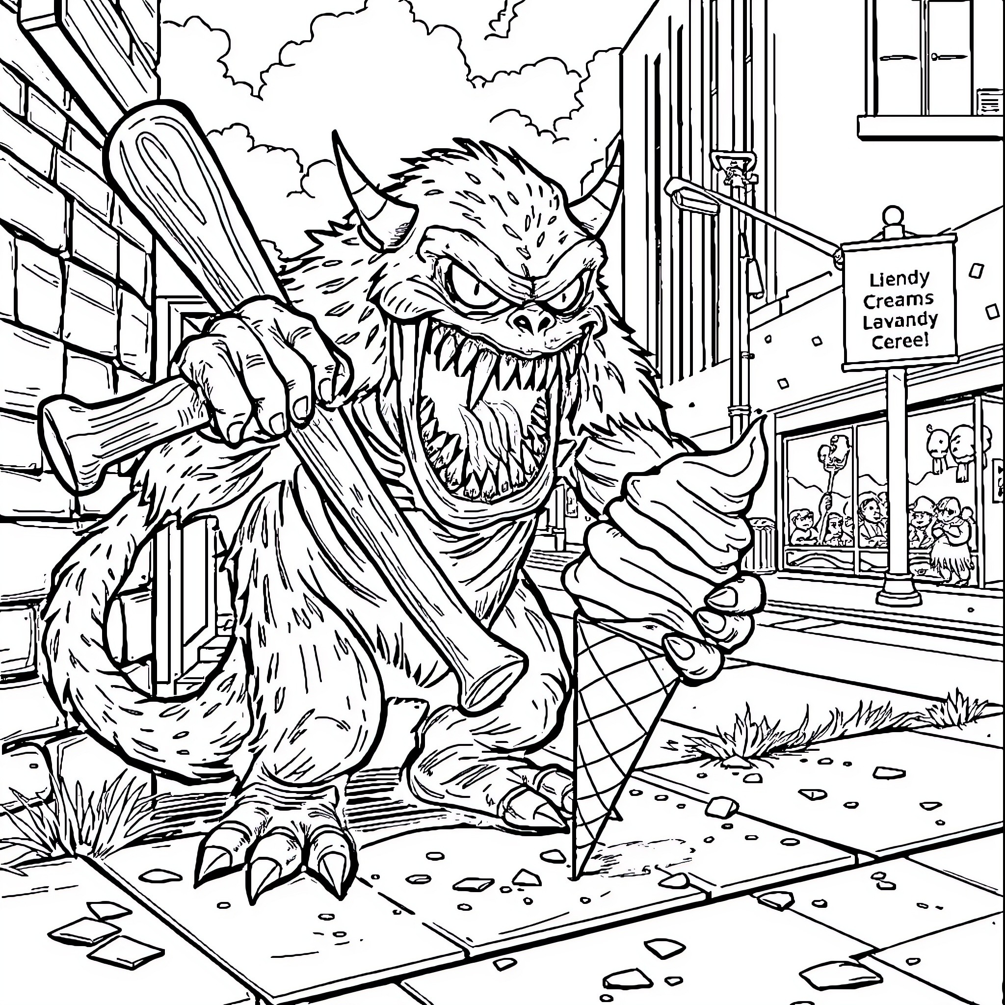 Baseball Bat-wielding Monster Terrorizing City Street Coloring Page (free black-and-white line drawing printable PDF for all, from beginners to advanced learners, including children, teens, adults, and seniors)