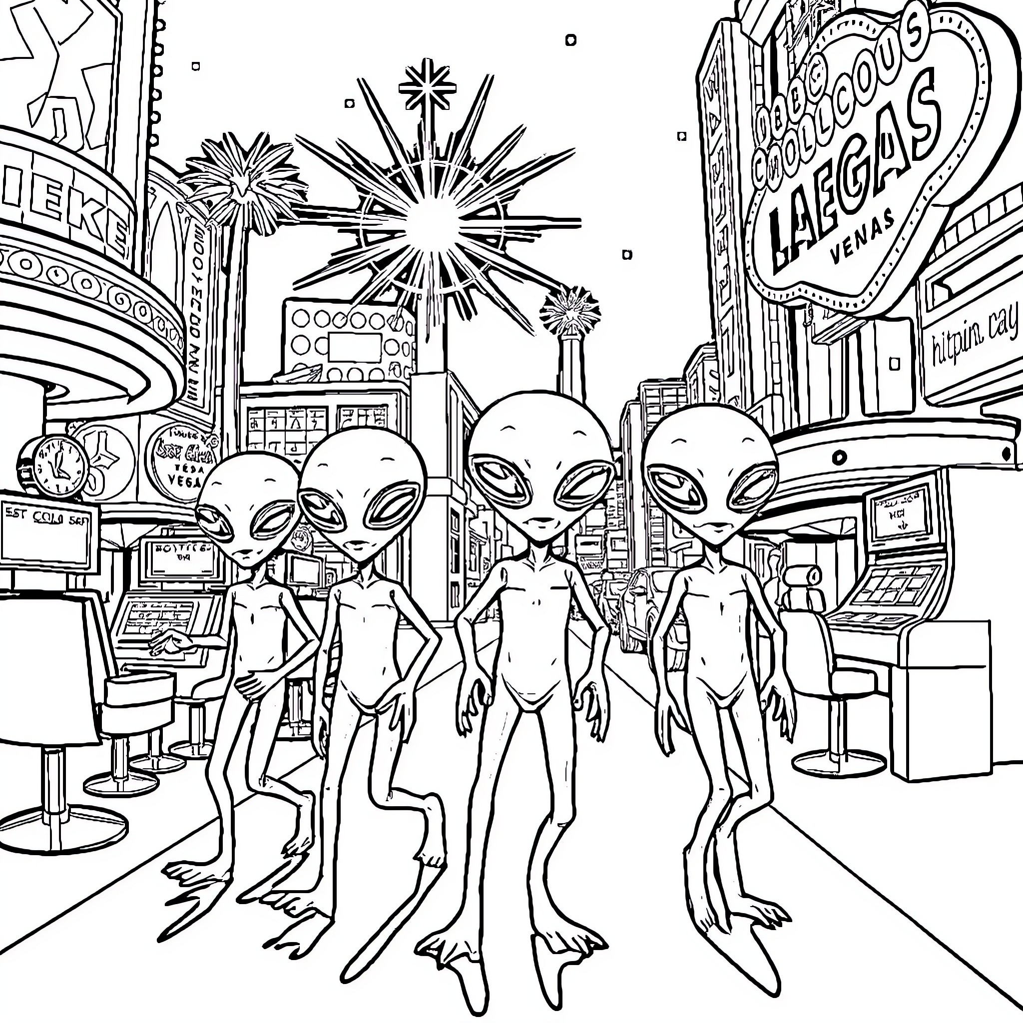 Alien Tourists Explore the Bright Lights of the City Coloring Page (free black-and-white line drawing printable PDF for all, from beginners to advanced learners, including children, teens, adults, and seniors)