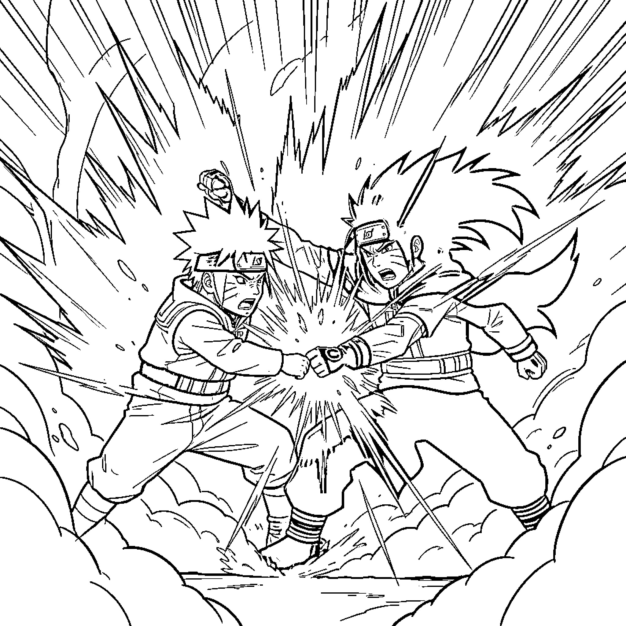 Naruto characters in intense battle scene Coloring Page (free black-and-white line drawing printable PDF for all, from beginners to advanced learners, including children, teens, adults, and seniors)
