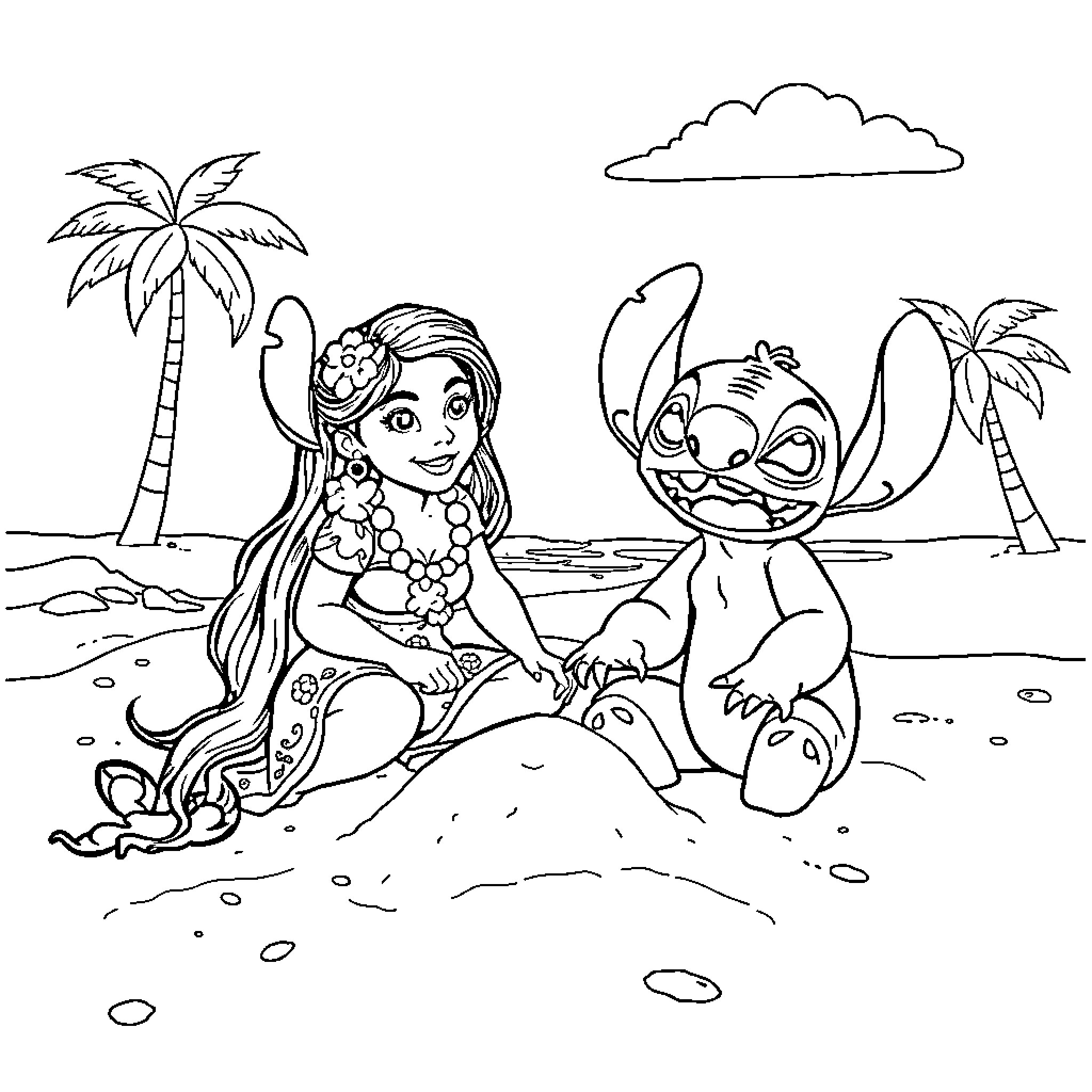 Lilo playing with Stitch on the beach Coloring Page (free black-and-white line drawing printable PDF for all, from beginners to advanced learners, including children, teens, adults, and seniors)