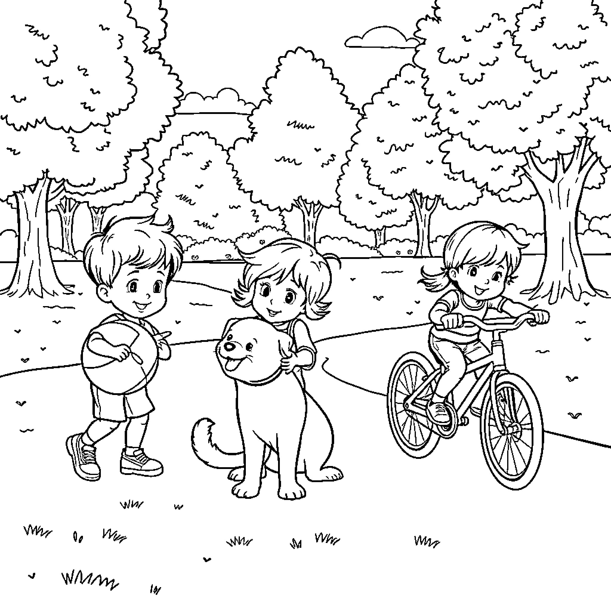 Triplet siblings playing outdoors with pet dog Coloring Page (free black-and-white line drawing printable PDF for all, from beginners to advanced learners, including children, teens, adults, and seniors)