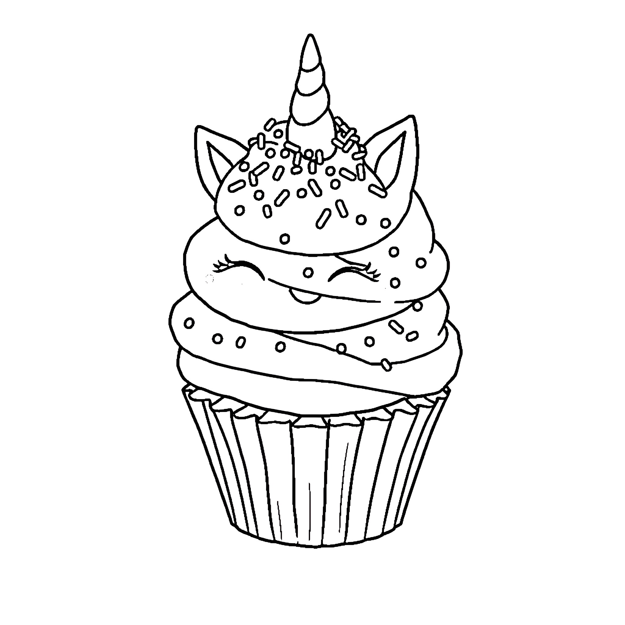 Cupcake Unicorn Treats with Festive Decorations Coloring Page (free black-and-white line drawing printable PDF for all, from beginners to advanced learners, including children, teens, adults, and seniors)