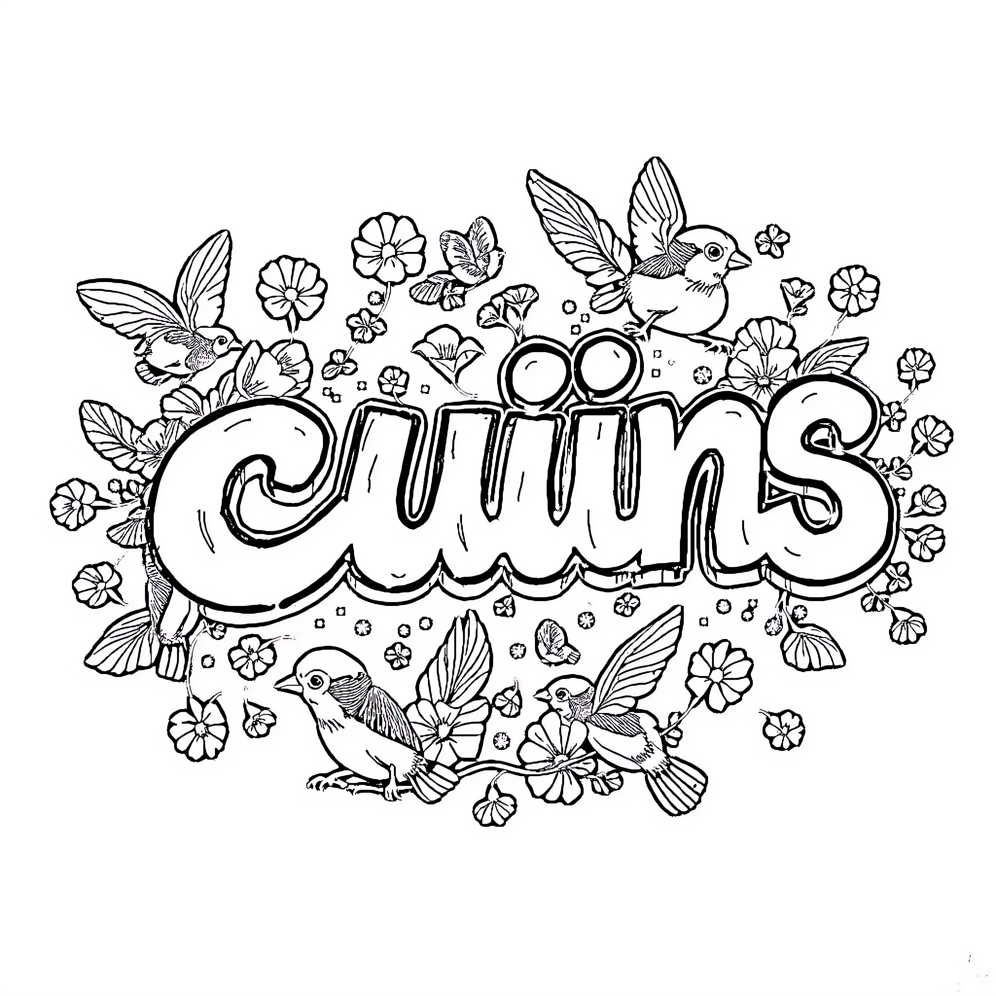 Graffiti with playful birds and flowers Coloring Page (free black-and-white line drawing printable PDF for all, from beginners to advanced learners, including children, teens, adults, and seniors)