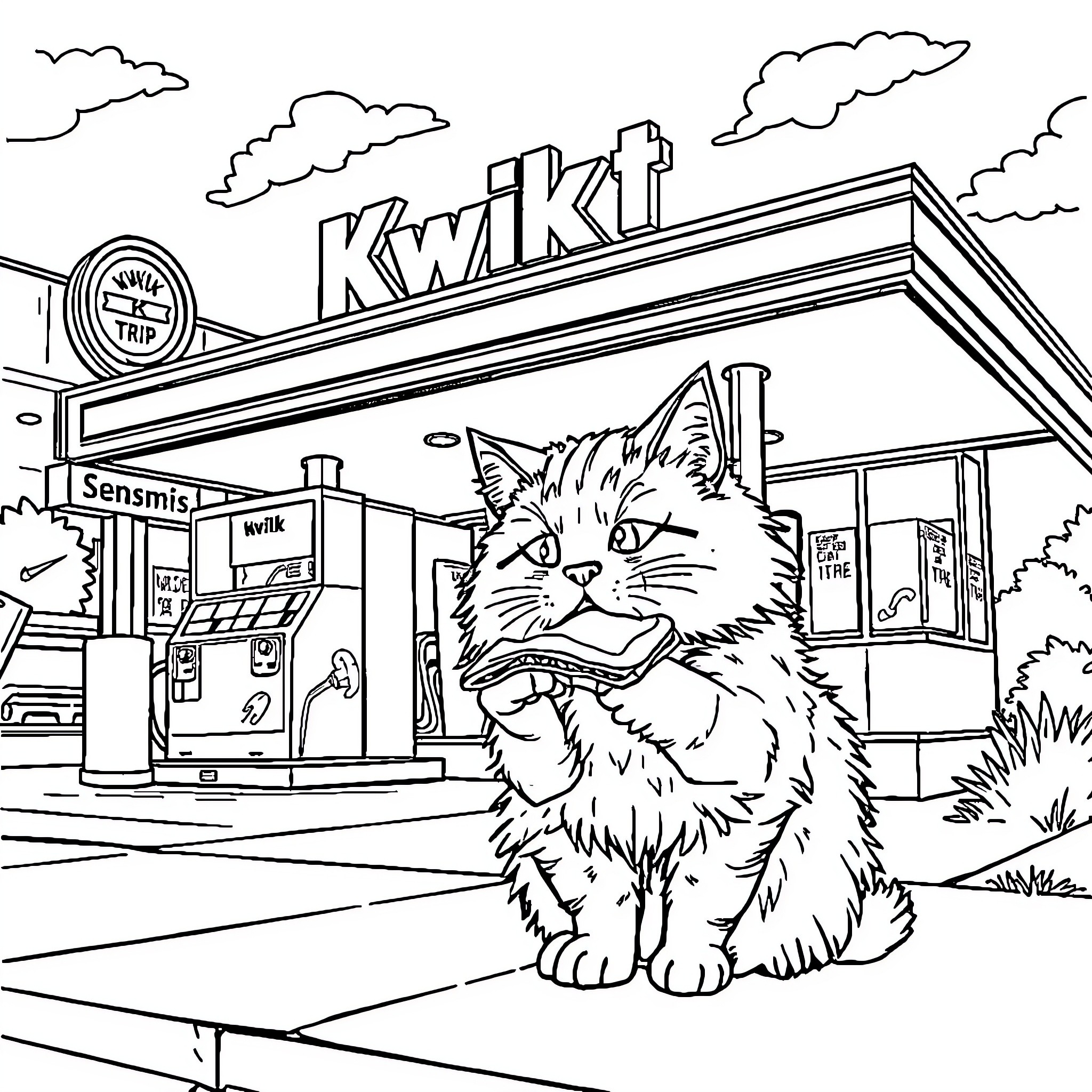 Cat in front of Kwik convenience store Coloring Page (free black-and-white line drawing printable PDF for all, from beginners to advanced learners, including children, teens, adults, and seniors)