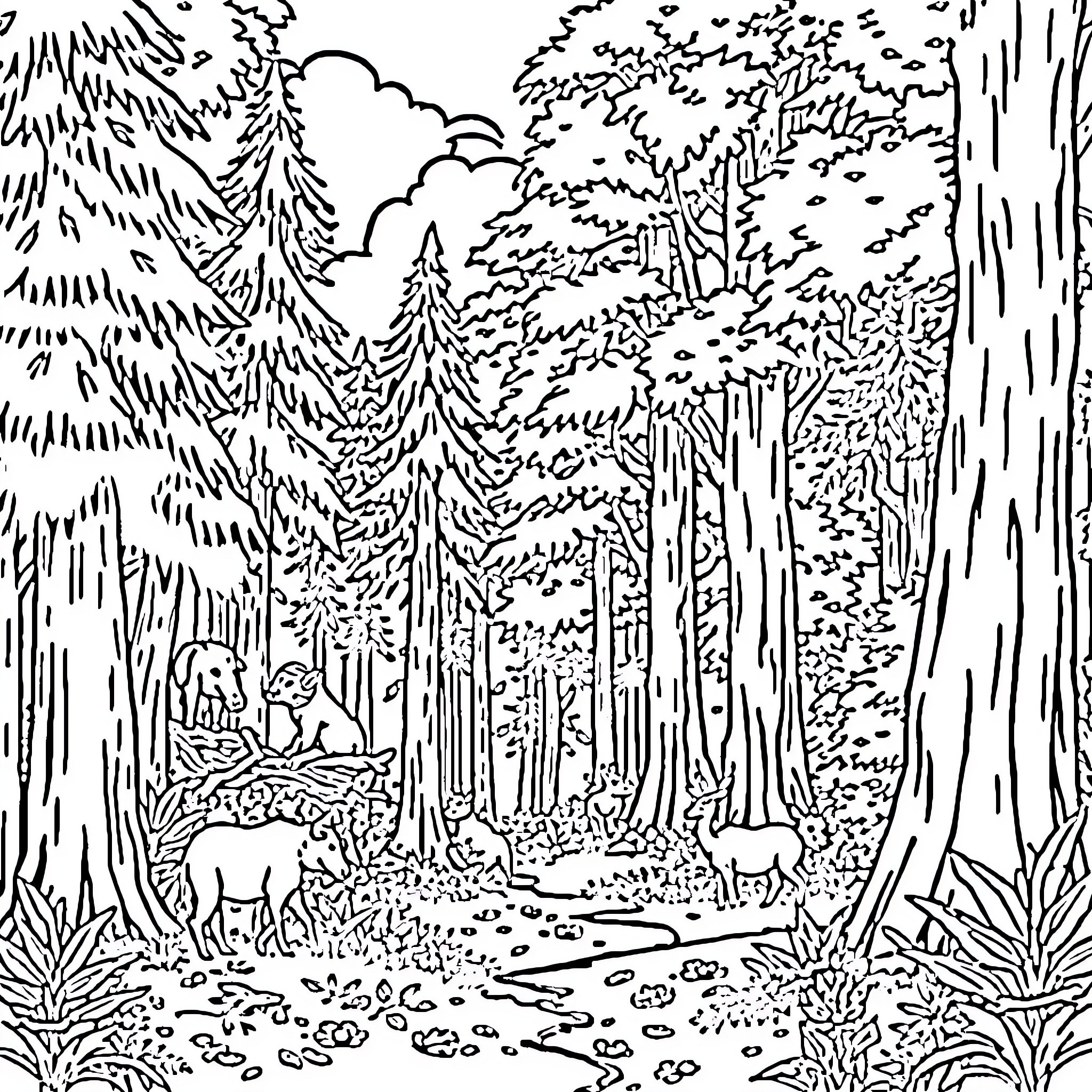 Number One Enchanted Forest with Animals Coloring Page (free black-and-white line drawing printable PDF for all, from beginners to advanced learners, including children, teens, adults, and seniors)