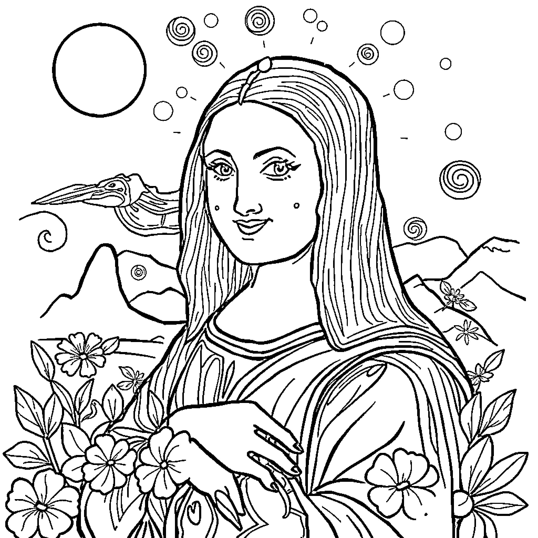 Famous Paintings of a Woman with Flowers and Butterflies Coloring Page (free black-and-white line drawing printable PDF for all, from beginners to advanced learners, including children, teens, adults, and seniors)