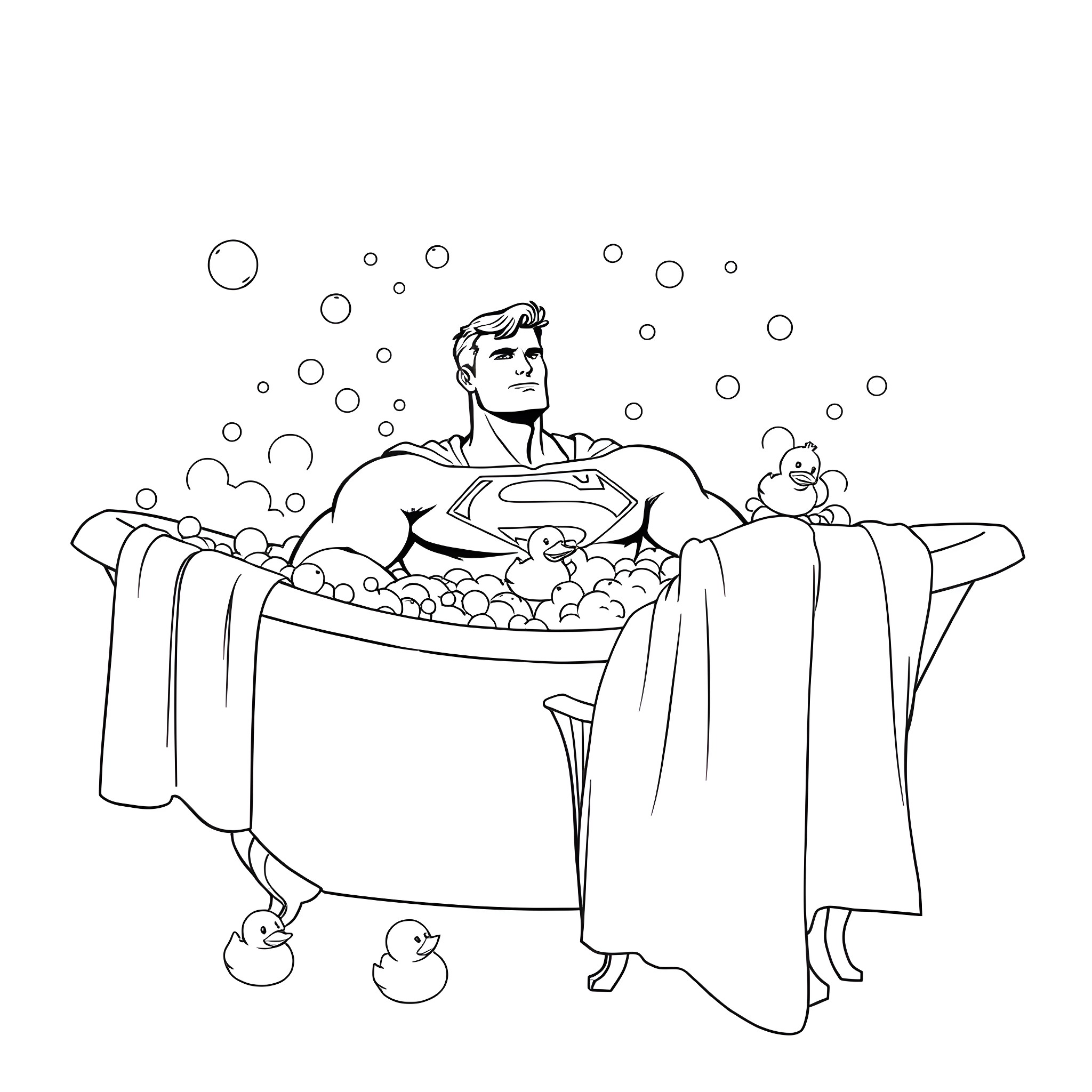 Superman relaxing in a bubble bath Coloring Page (free black-and-white line drawing printable PDF for all, from beginners to advanced learners, including children, teens, adults, and seniors)