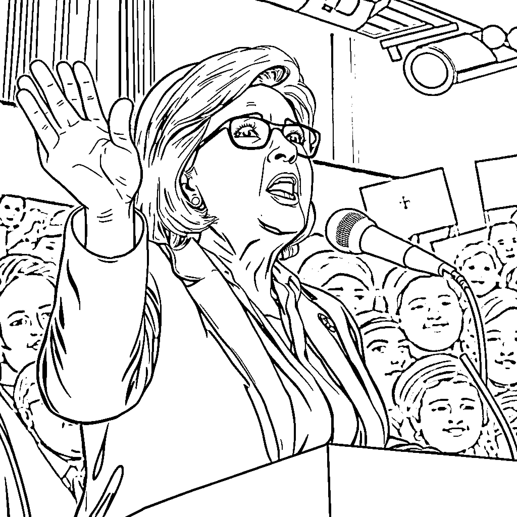 Marine Le Pen Passionately Addressing Supporters Coloring Page (free black-and-white line drawing printable PDF for all, from beginners to advanced learners, including children, teens, adults, and seniors)