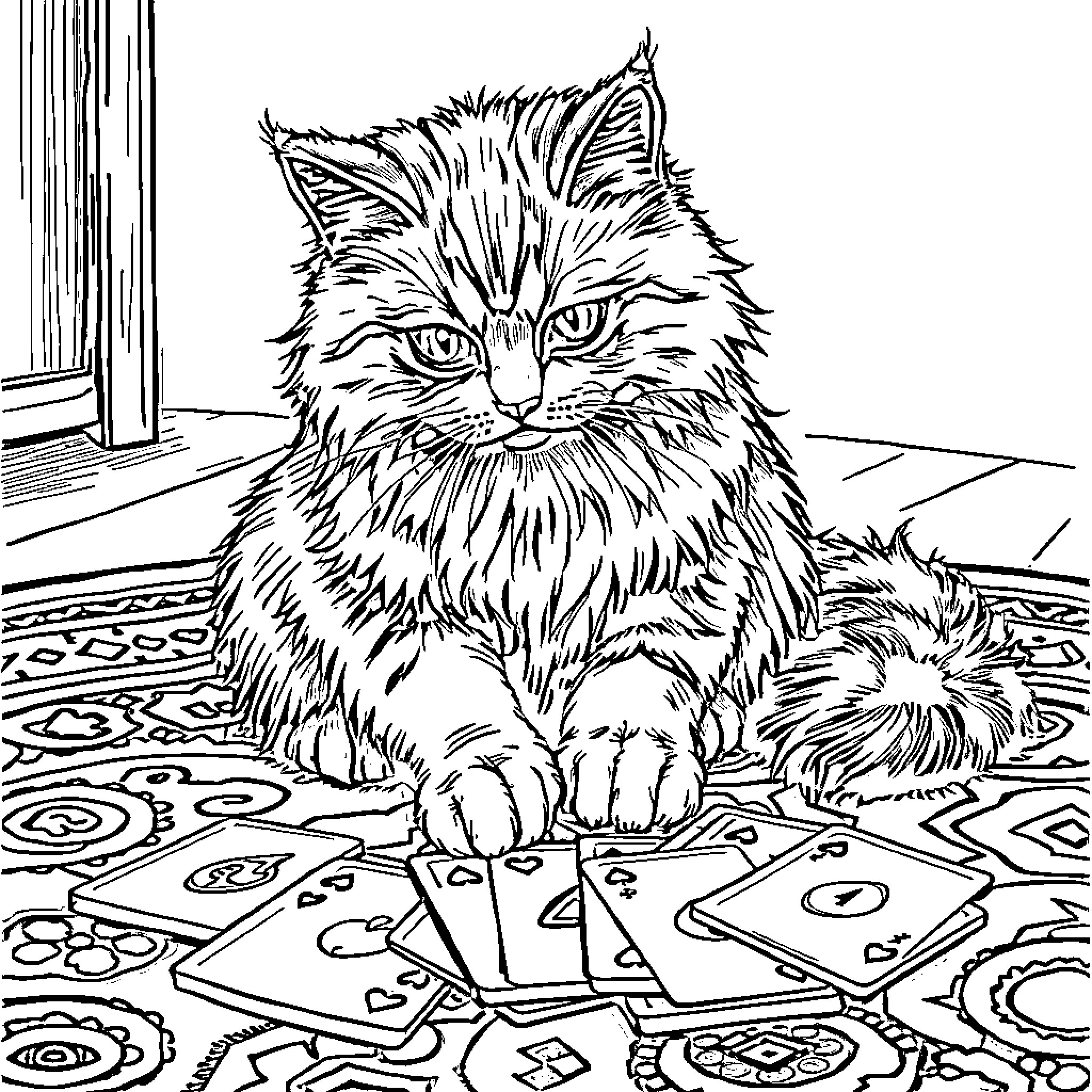 Cat sitting among playing cards Coloring Page (free black-and-white line drawing printable PDF for all, from beginners to advanced learners, including children, teens, adults, and seniors)