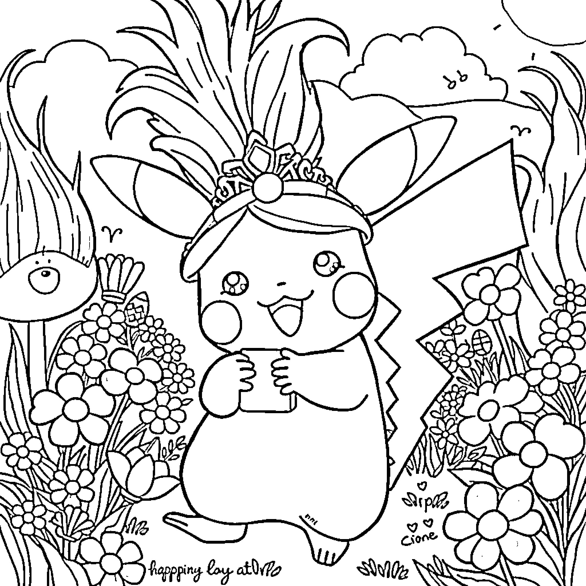 Pikachu enjoying a floral wonderland Coloring Page (free black-and-white line drawing printable PDF for all, from beginners to advanced learners, including children, teens, adults, and seniors)