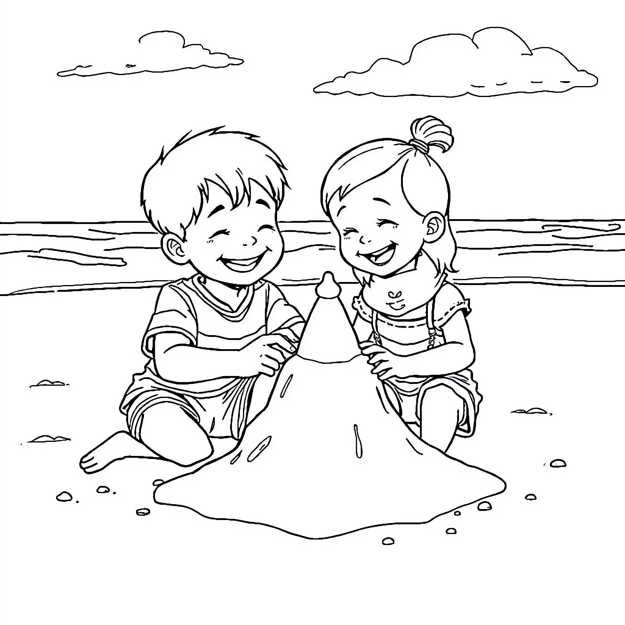 Children building sandcastle on the beach Coloring Page (free black-and-white line drawing printable PDF for all, from beginners to advanced learners, including children, teens, adults, and seniors)