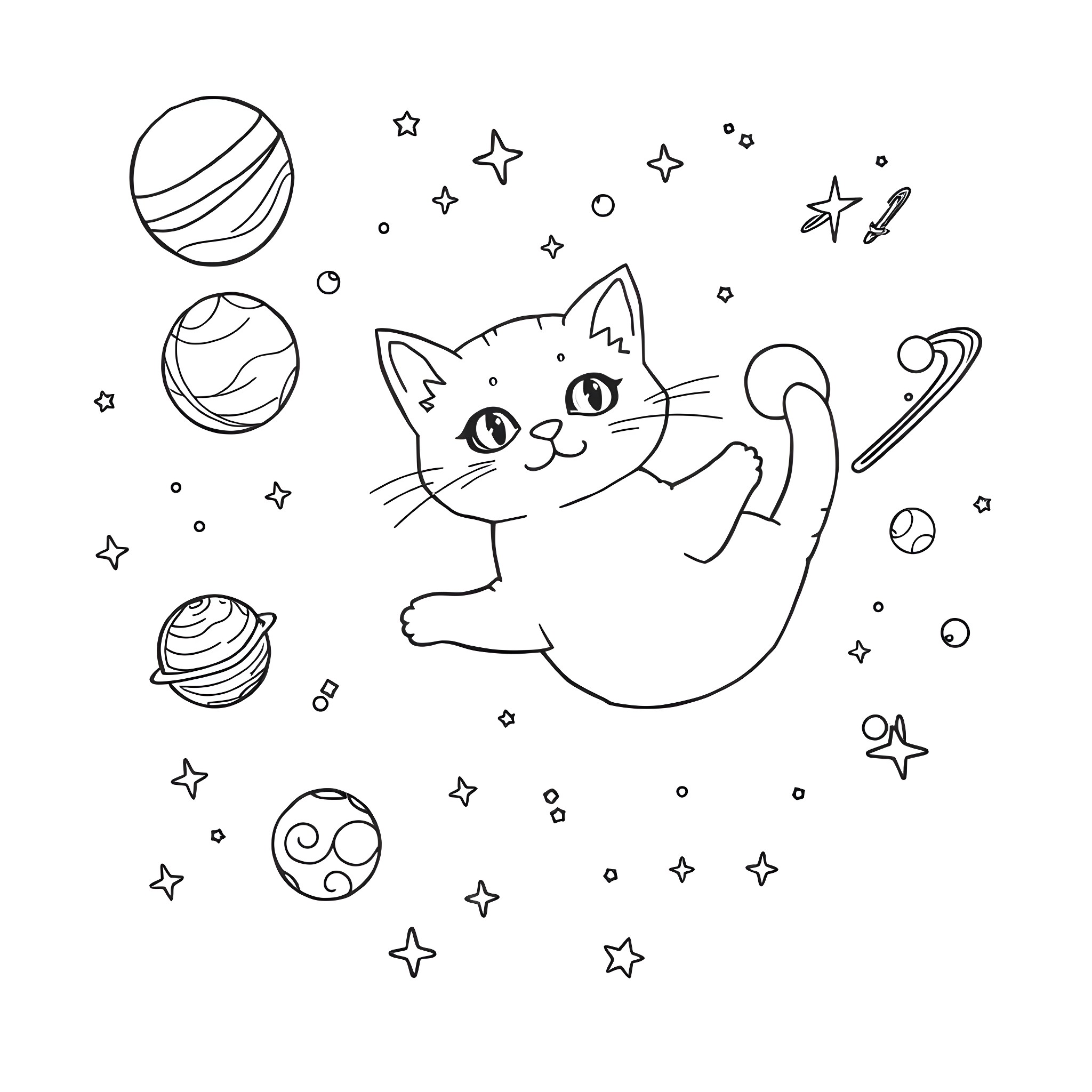 Cat playfully floating in space with planets and stars Coloring Page (free black-and-white line drawing printable PDF for all, from beginners to advanced learners, including children, teens, adults, and seniors)