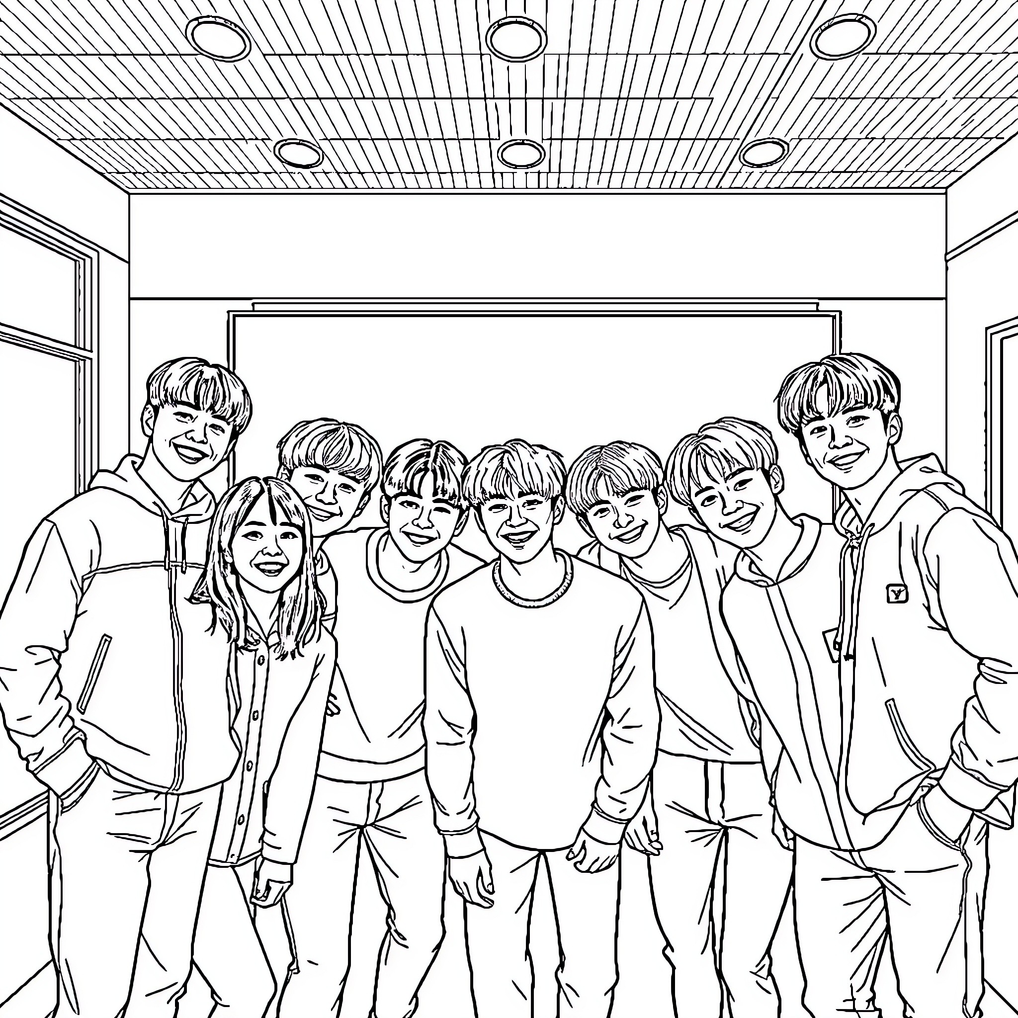 BTS Members Gathered for a Photoshoot Coloring Page (free black-and-white line drawing printable PDF for all, from beginners to advanced learners, including children, teens, adults, and seniors)
