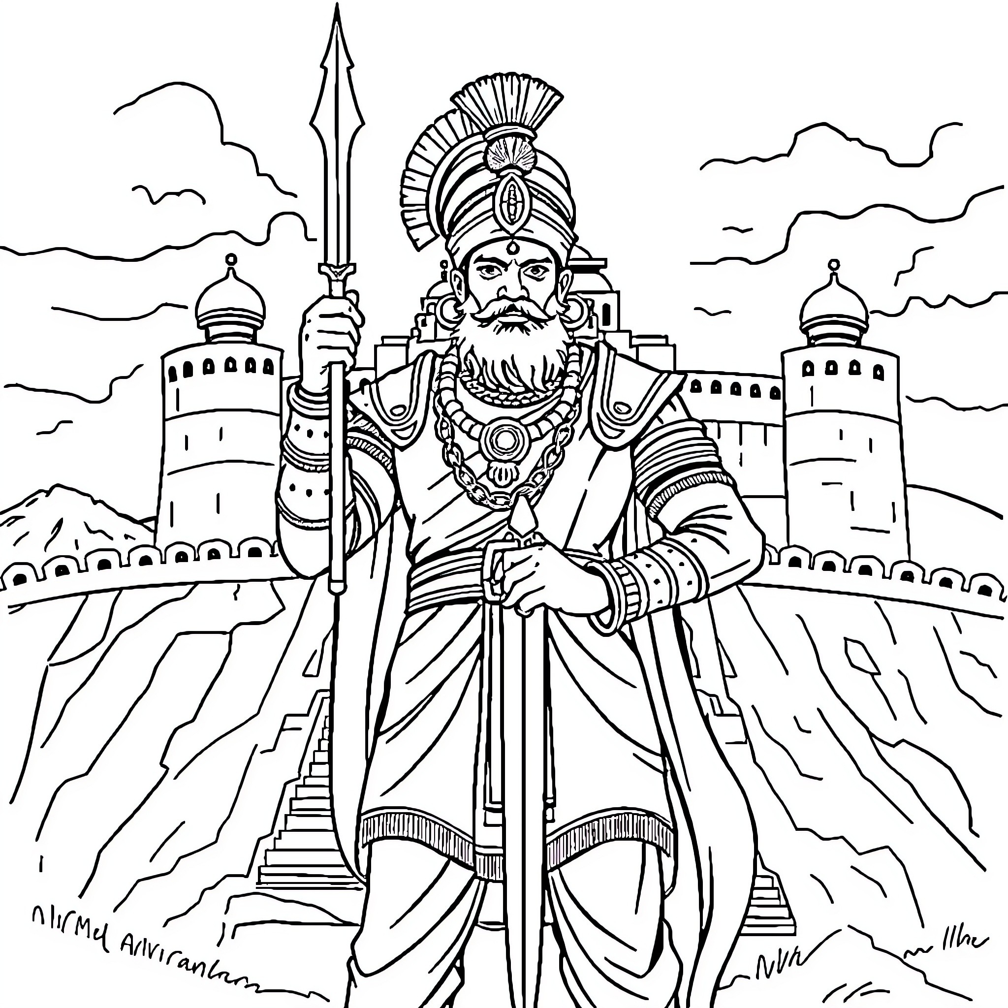Shivaji, the Heroic Maharaja in Regal Attire Coloring Page (free black-and-white line drawing printable PDF for all, from beginners to advanced learners, including children, teens, adults, and seniors)