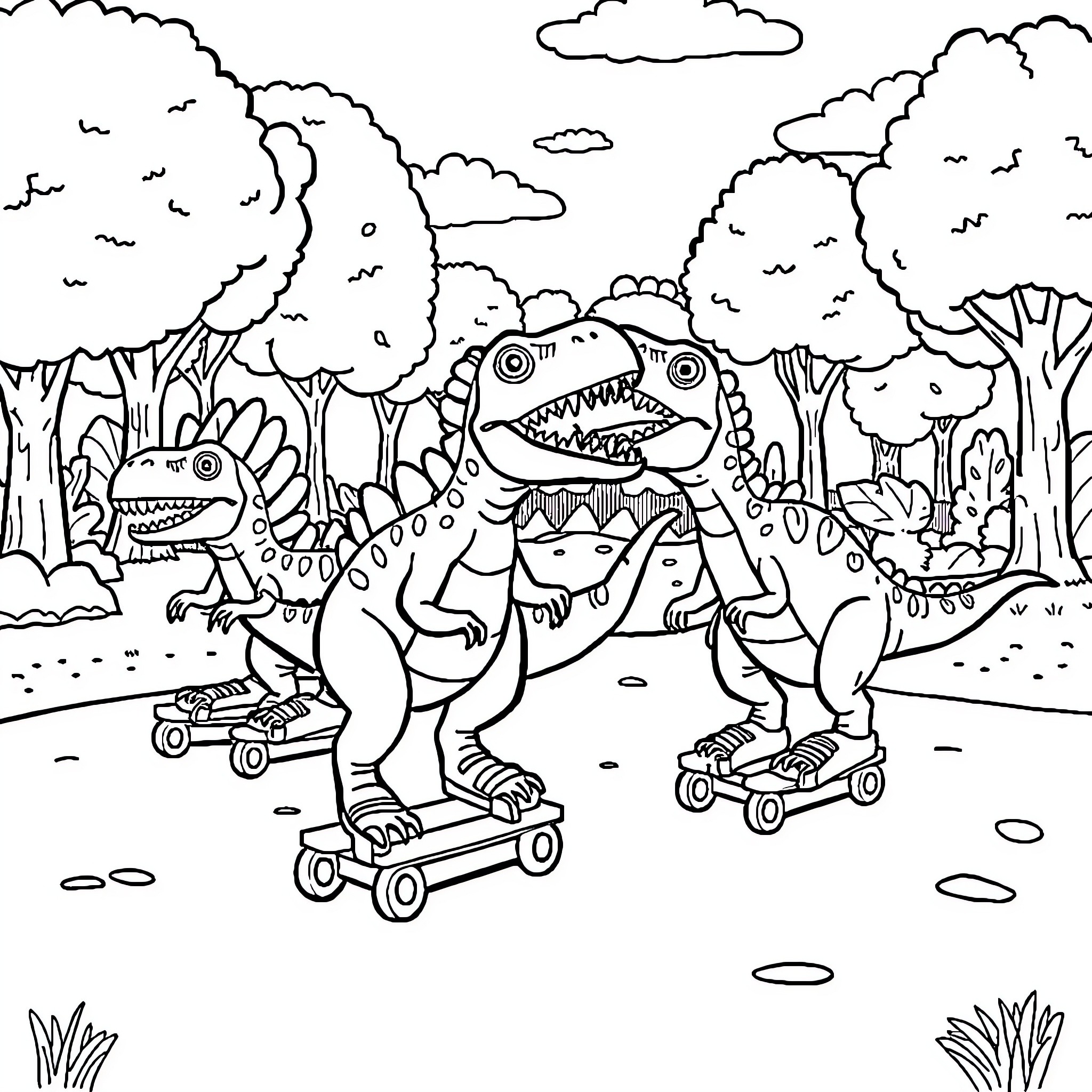 Dinosaurs roller skating in the forest Coloring Page (free black-and-white line drawing printable PDF for all, from beginners to advanced learners, including children, teens, adults, and seniors)