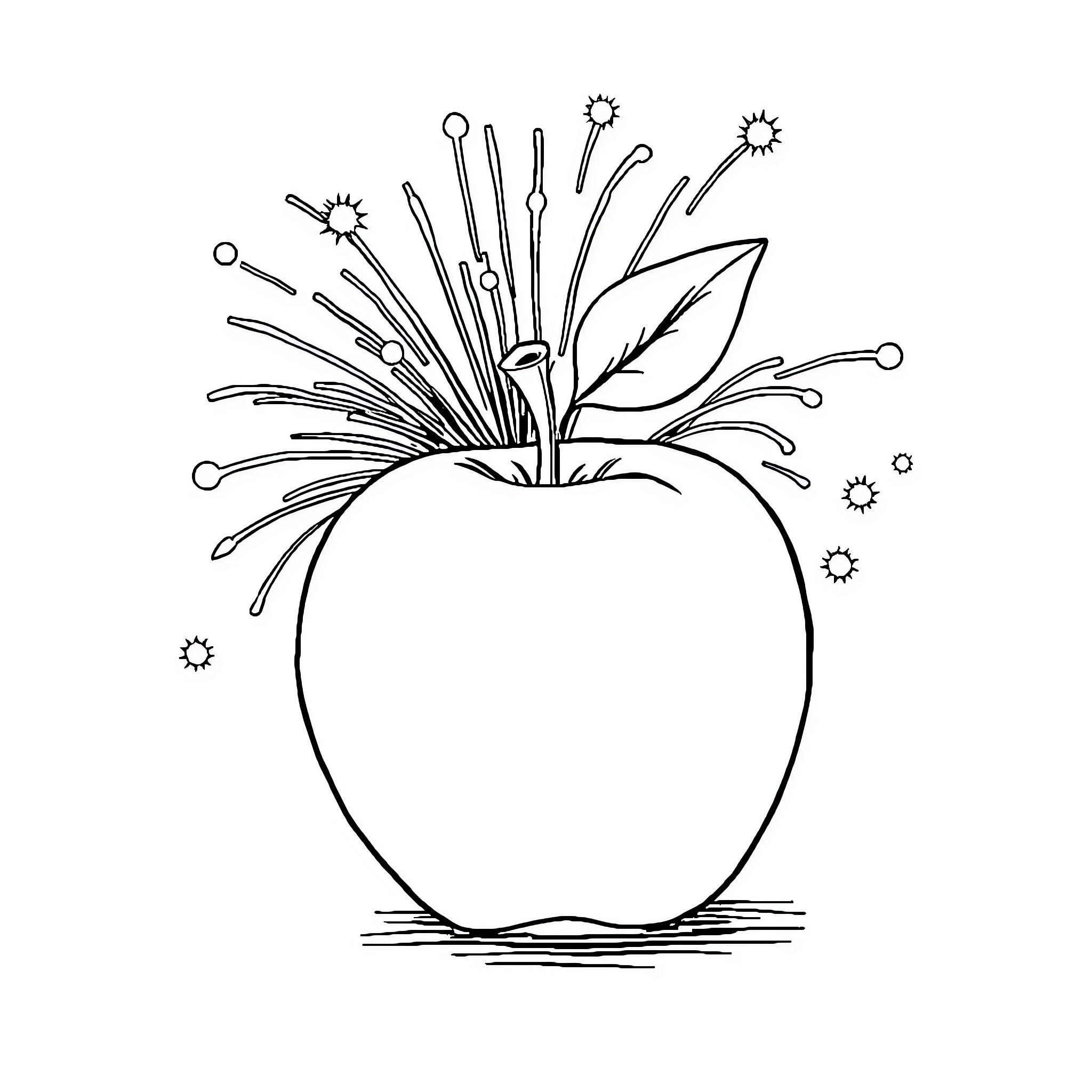 Apple with Whimsical Floral Design Coloring Page (free black-and-white line drawing printable PDF for all, from beginners to advanced learners, including children, teens, adults, and seniors)