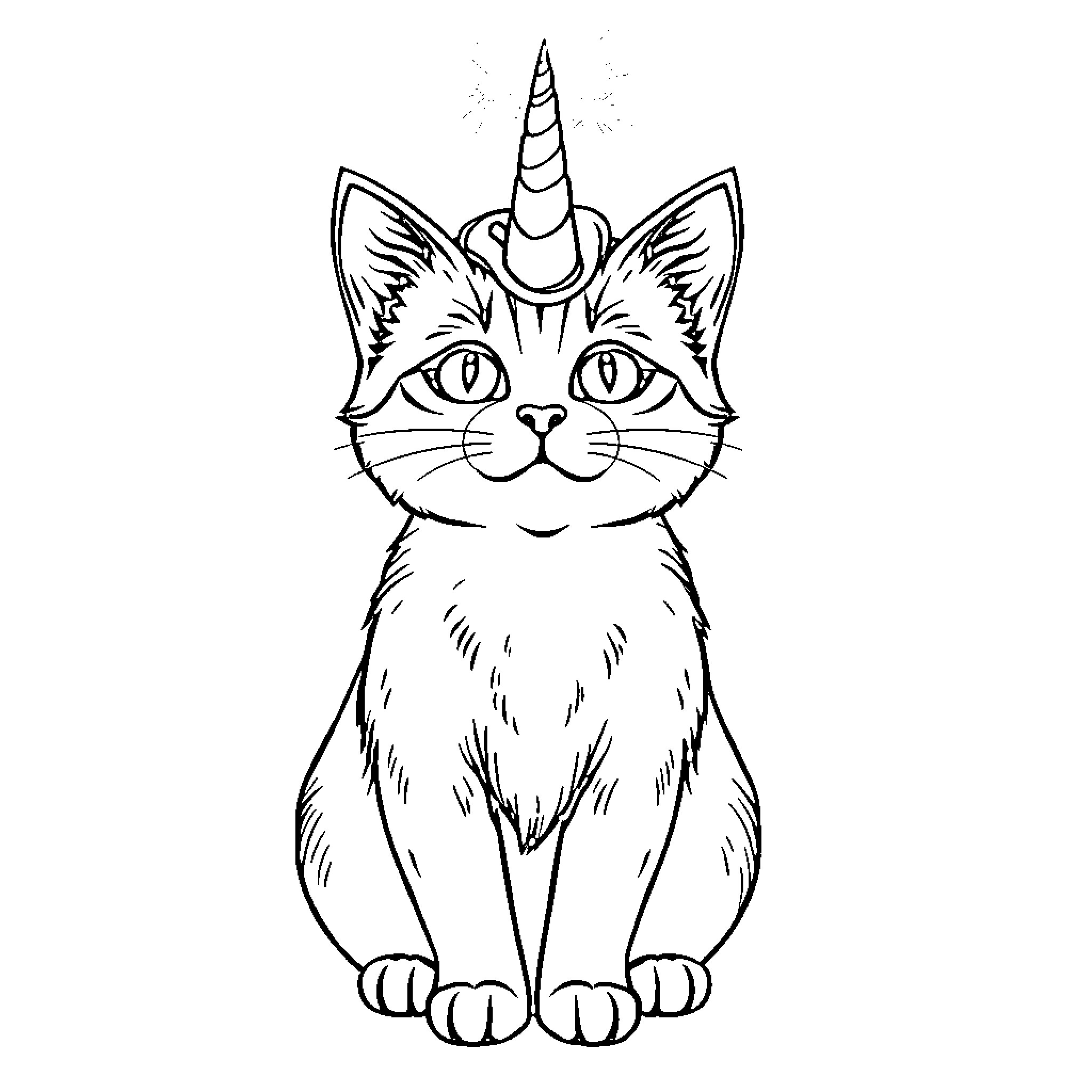 Alicorn cat with magical unicorn horn Coloring Page (free black-and-white line drawing printable PDF for all, from beginners to advanced learners, including children, teens, adults, and seniors)