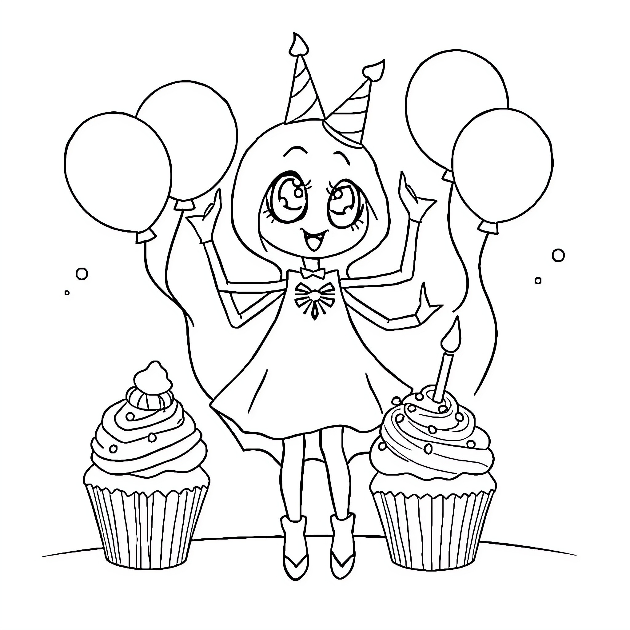 Ghost Spider Girl celebrating with cupcakes and balloons Coloring Page (free black-and-white line drawing printable PDF for all, from beginners to advanced learners, including children, teens, adults, and seniors)