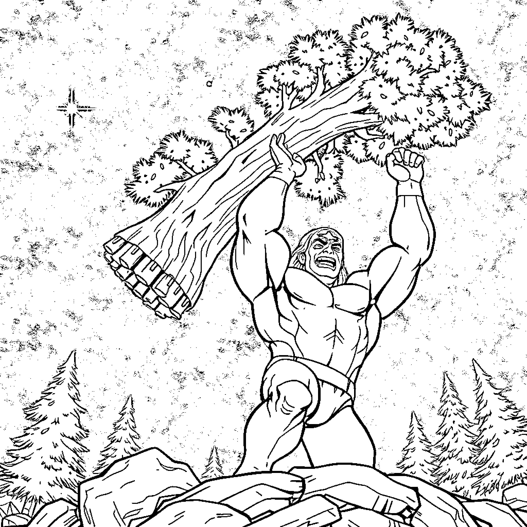 Hulk Hogan ripping a tree in a snowy landscape Coloring Page (free black-and-white line drawing printable PDF for all, from beginners to advanced learners, including children, teens, adults, and seniors)