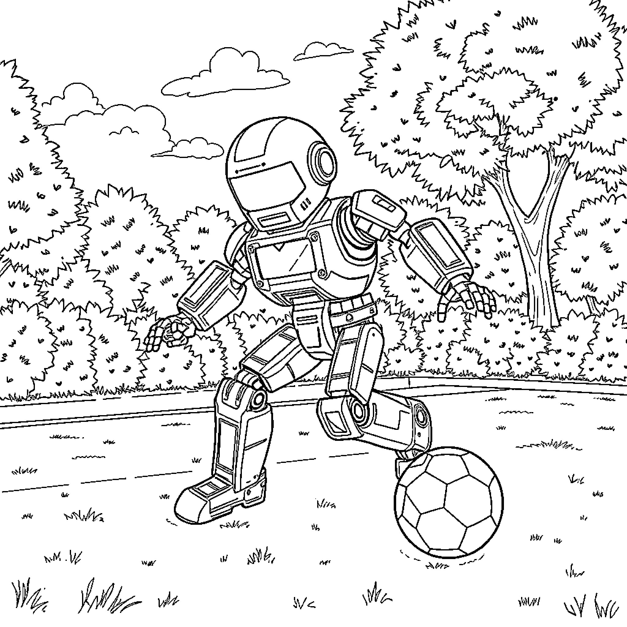 Robot playing soccer in a lush forest Coloring Page (free black-and-white line drawing printable PDF for all, from beginners to advanced learners, including children, teens, adults, and seniors)