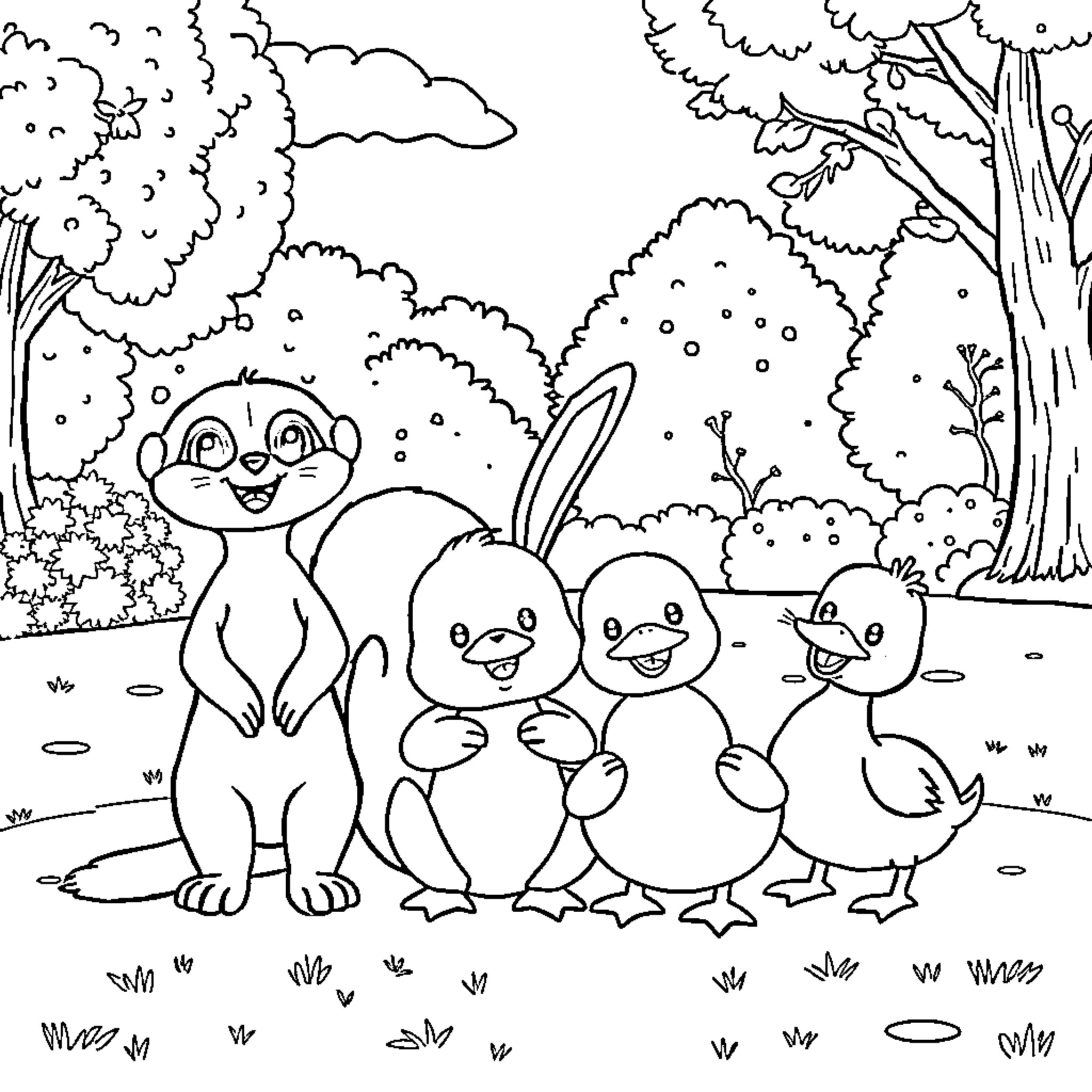 Meerkat and friends in a playful forest scene Coloring Page (free black-and-white line drawing printable PDF for all, from beginners to advanced learners, including children, teens, adults, and seniors)
