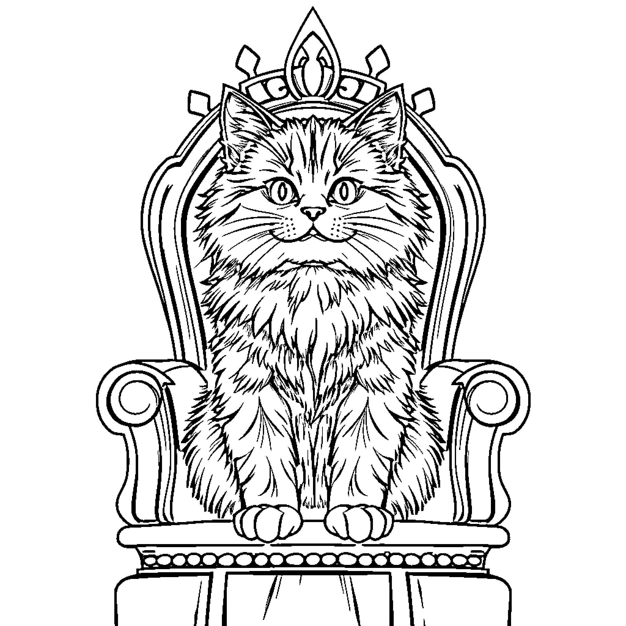 Cat sitting regally on ornate throne Coloring Page (free black-and-white line drawing printable PDF for all, from beginners to advanced learners, including children, teens, adults, and seniors)