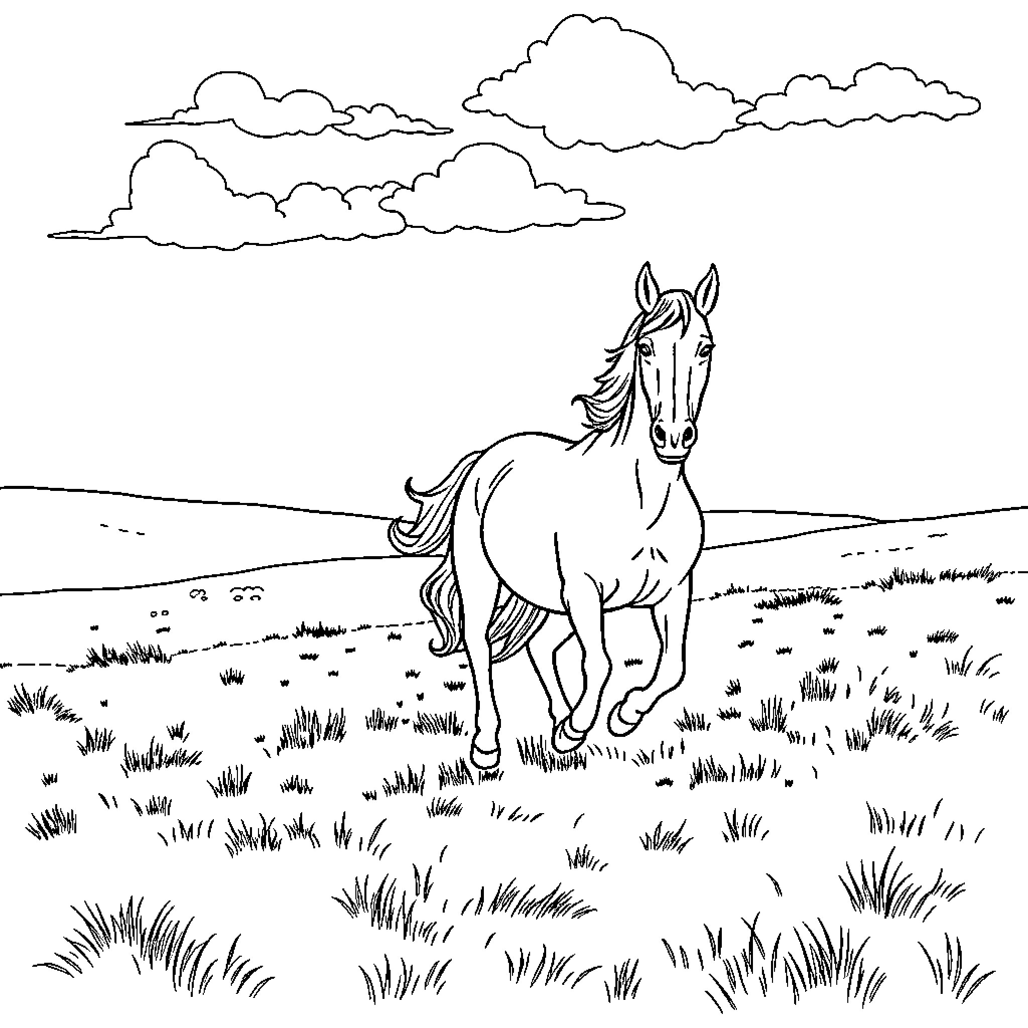 Horse galloping through grassy field under cloudy sky Coloring Page (free black-and-white line drawing printable PDF for all, from beginners to advanced learners, including children, teens, adults, and seniors)