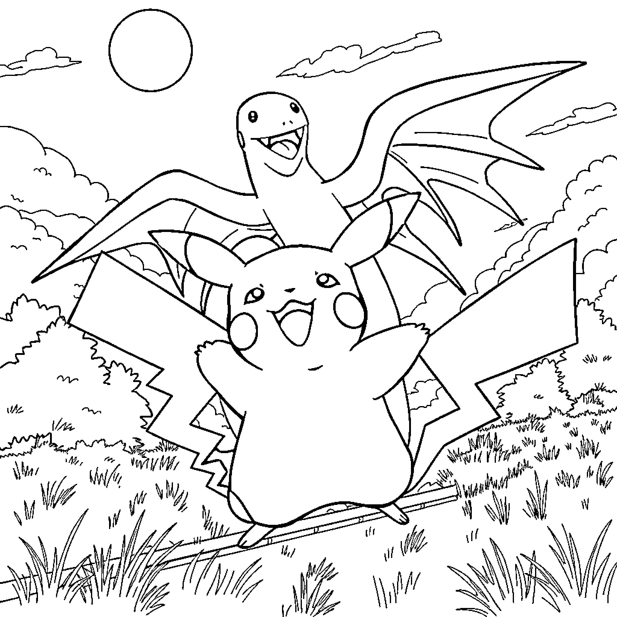 Pikachu riding a friendly dragon in the sky Coloring Page (free black-and-white line drawing printable PDF for all, from beginners to advanced learners, including children, teens, adults, and seniors)
