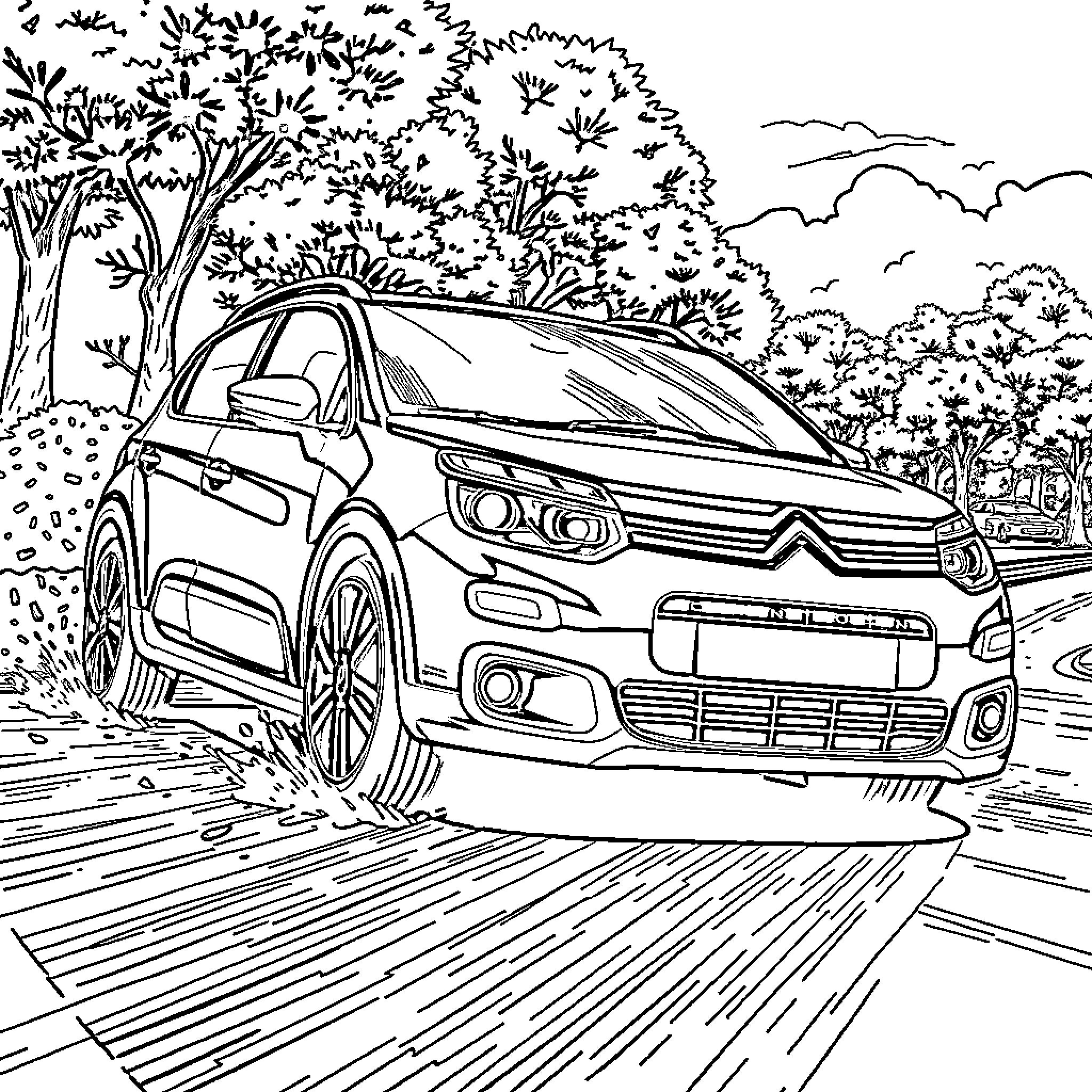 Citroen Compact SUV Navigating Scenic Countryside Coloring Page (free black-and-white line drawing printable PDF for all, from beginners to advanced learners, including children, teens, adults, and seniors)