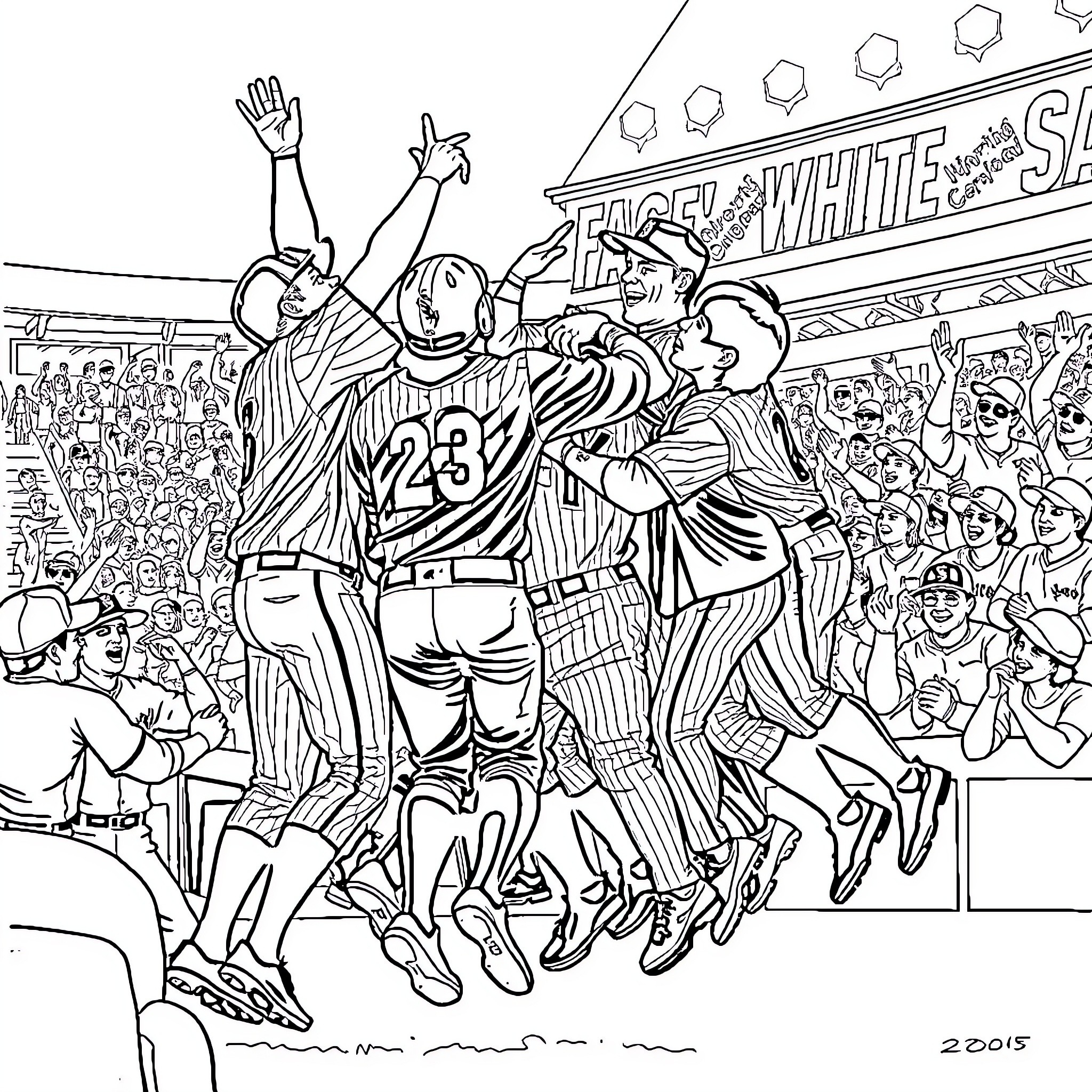 Chicago White Sox players celebrating victory on the field Coloring Page (free black-and-white line drawing printable PDF for all, from beginners to advanced learners, including children, teens, adults, and seniors)