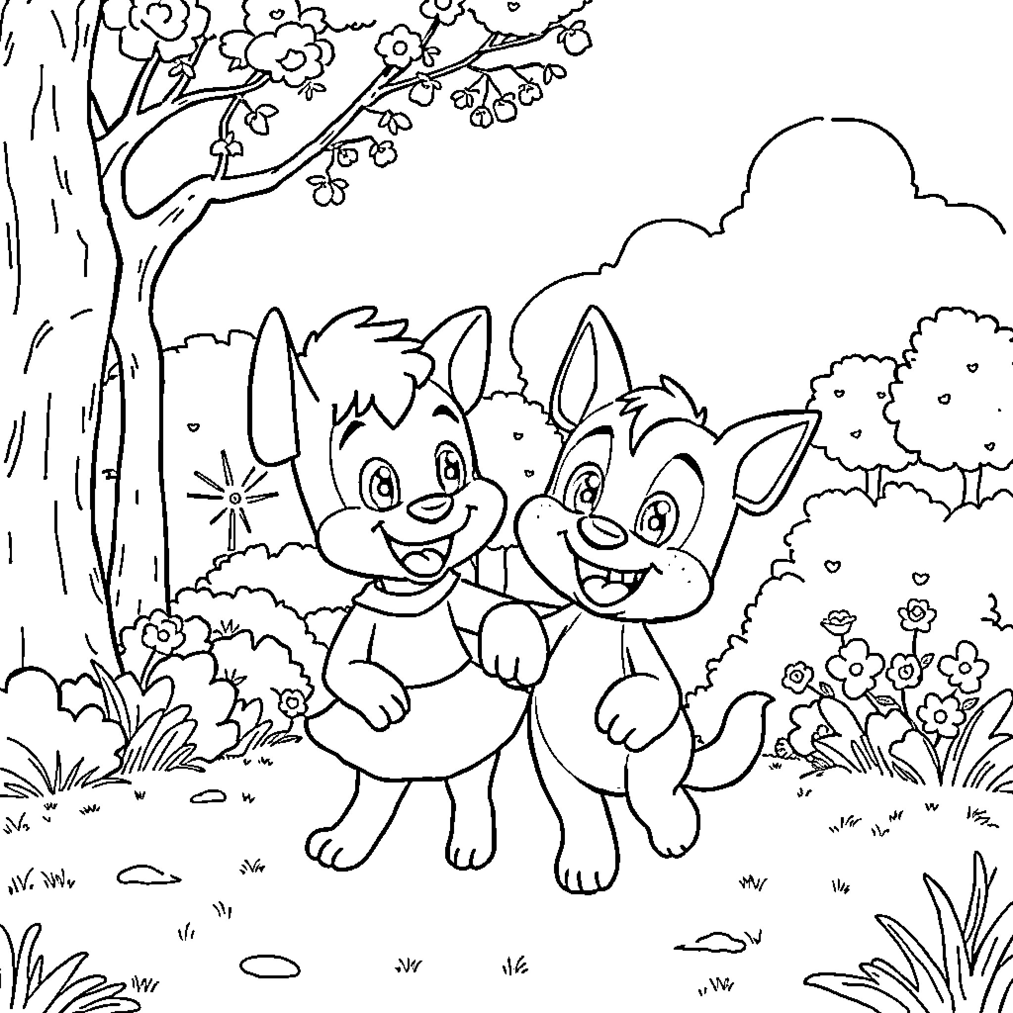 Bluey and Friends Enjoying the Outdoors Coloring Page (free black-and-white line drawing printable PDF for all, from beginners to advanced learners, including children, teens, adults, and seniors)