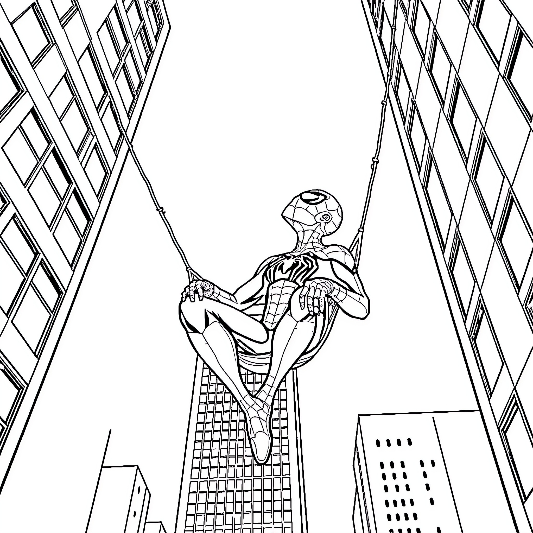 Spider-Man swinging through the cityscape Coloring Page (free black-and-white line drawing printable PDF for all, from beginners to advanced learners, including children, teens, adults, and seniors)