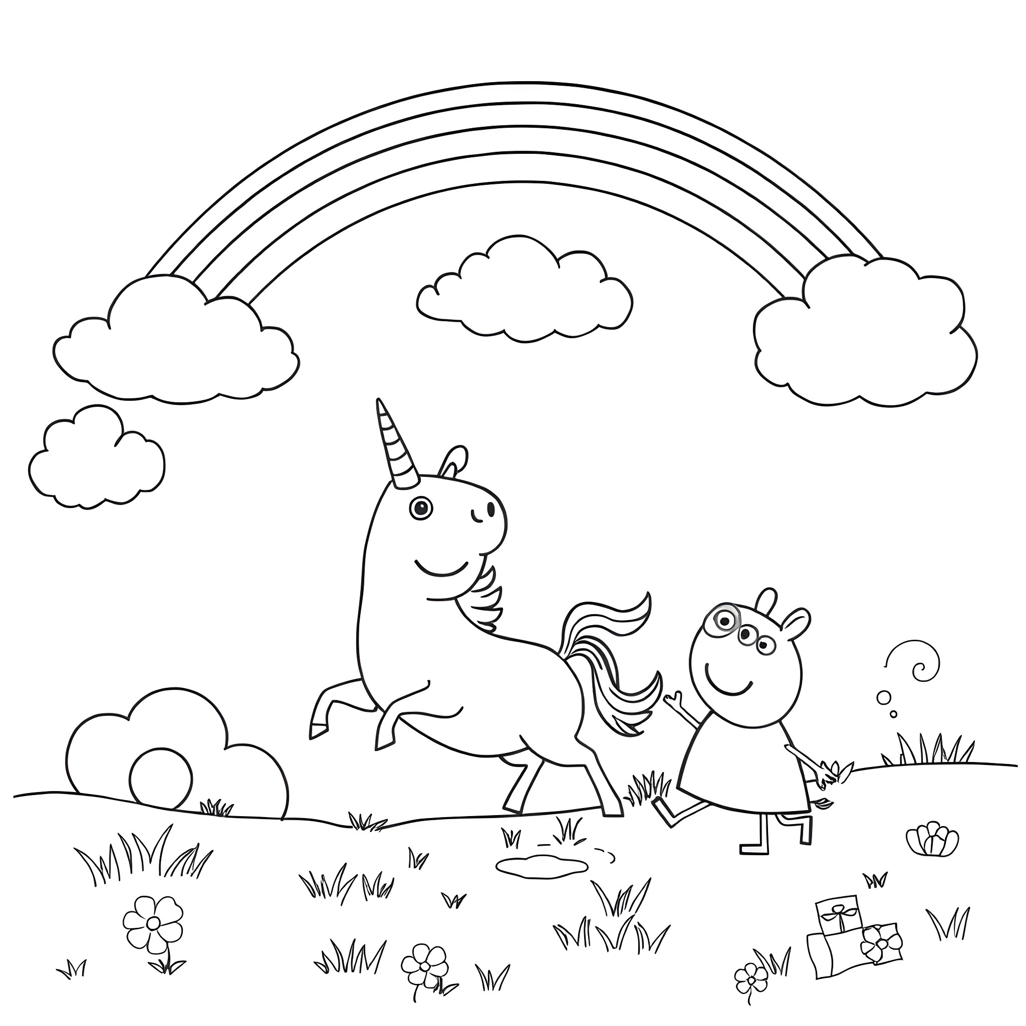 Unicorn and fairy playing happily in the field Coloring Page (free black-and-white line drawing printable PDF for all, from beginners to advanced learners, including children, teens, adults, and seniors)