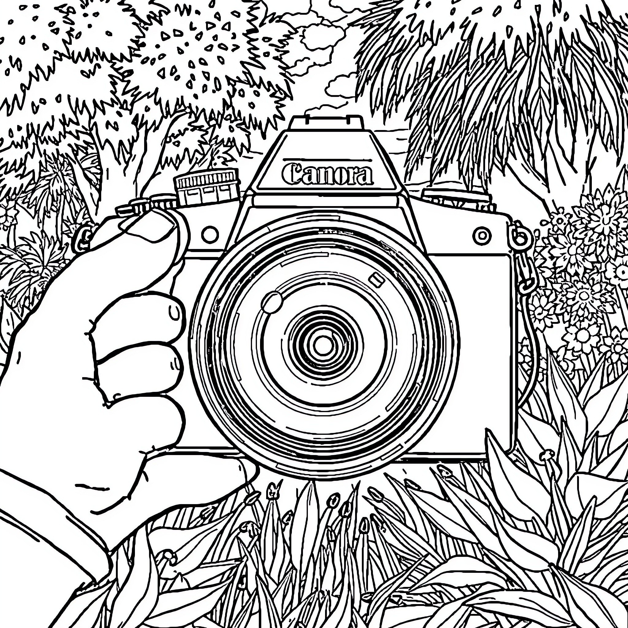 Camera capturing nature's beauty Coloring Page (free black-and-white line drawing printable PDF for all, from beginners to advanced learners, including children, teens, adults, and seniors)