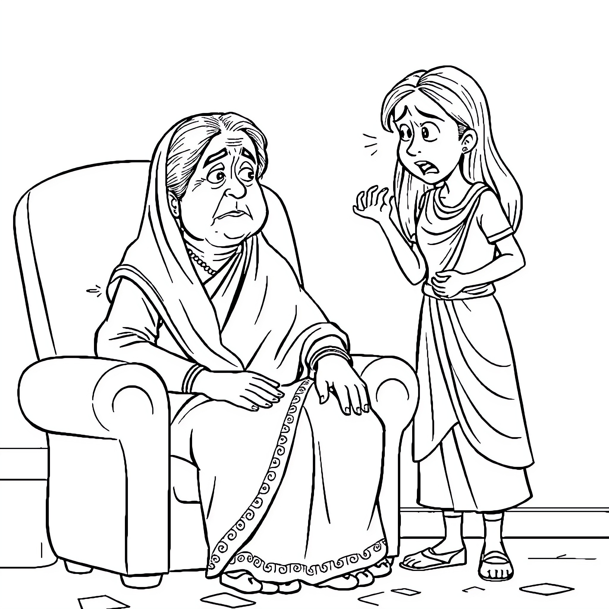 Grandma comforting her worried granddaughter Coloring Page (free black-and-white line drawing printable PDF for all, from beginners to advanced learners, including children, teens, adults, and seniors)