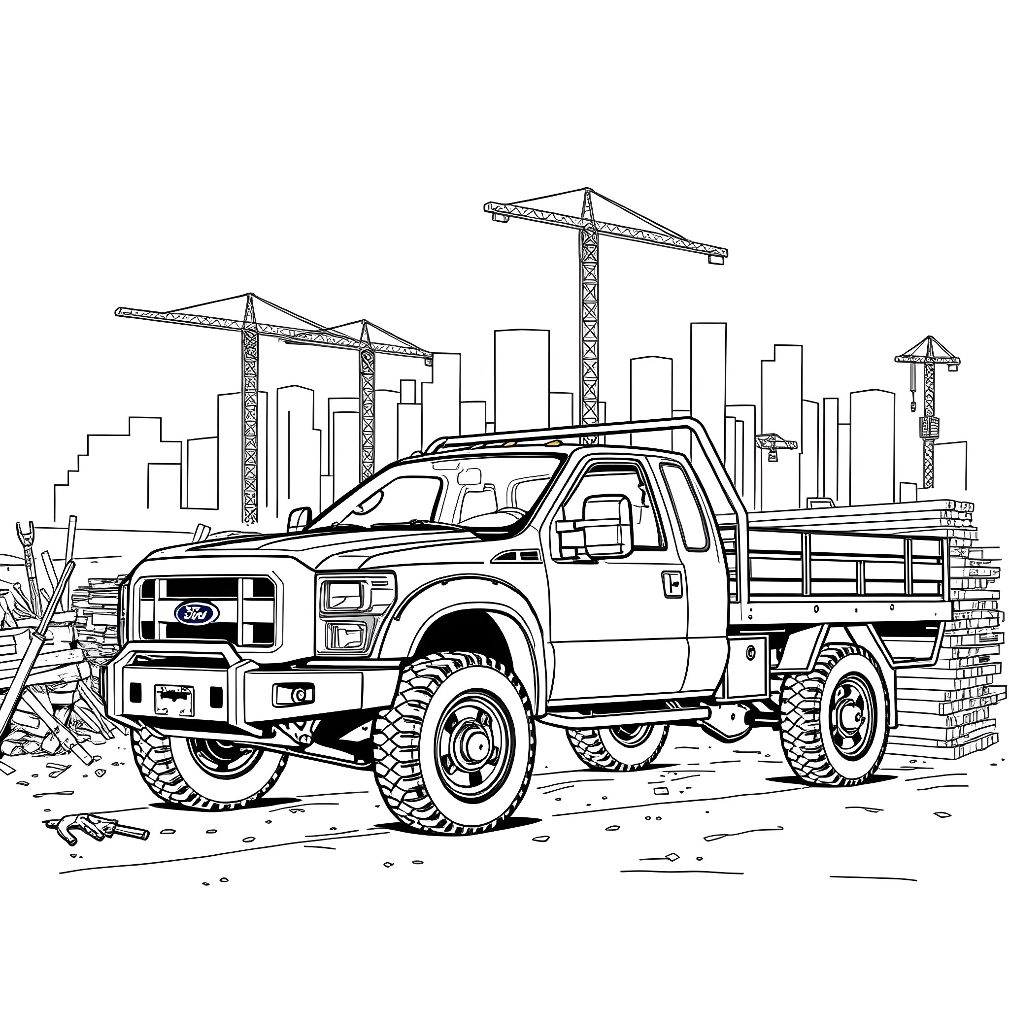 Pickup truck amid construction site Coloring Page (free black-and-white line drawing printable PDF for all, from beginners to advanced learners, including children, teens, adults, and seniors)