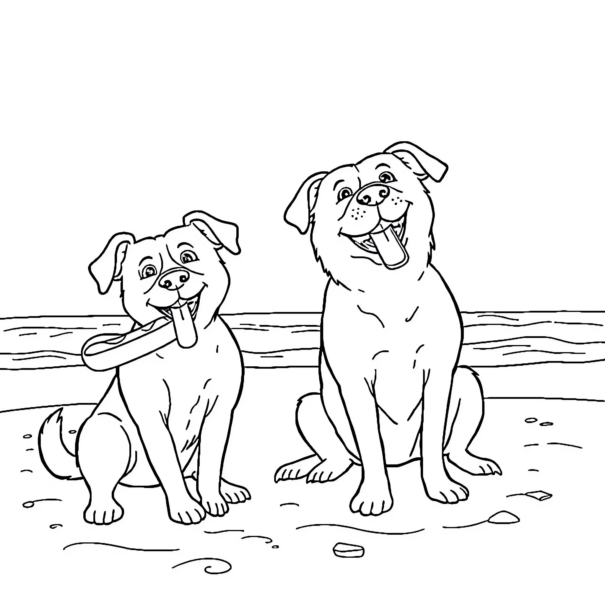 Dogs playing happily on the beach Coloring Page (free black-and-white line drawing printable PDF for all, from beginners to advanced learners, including children, teens, adults, and seniors)