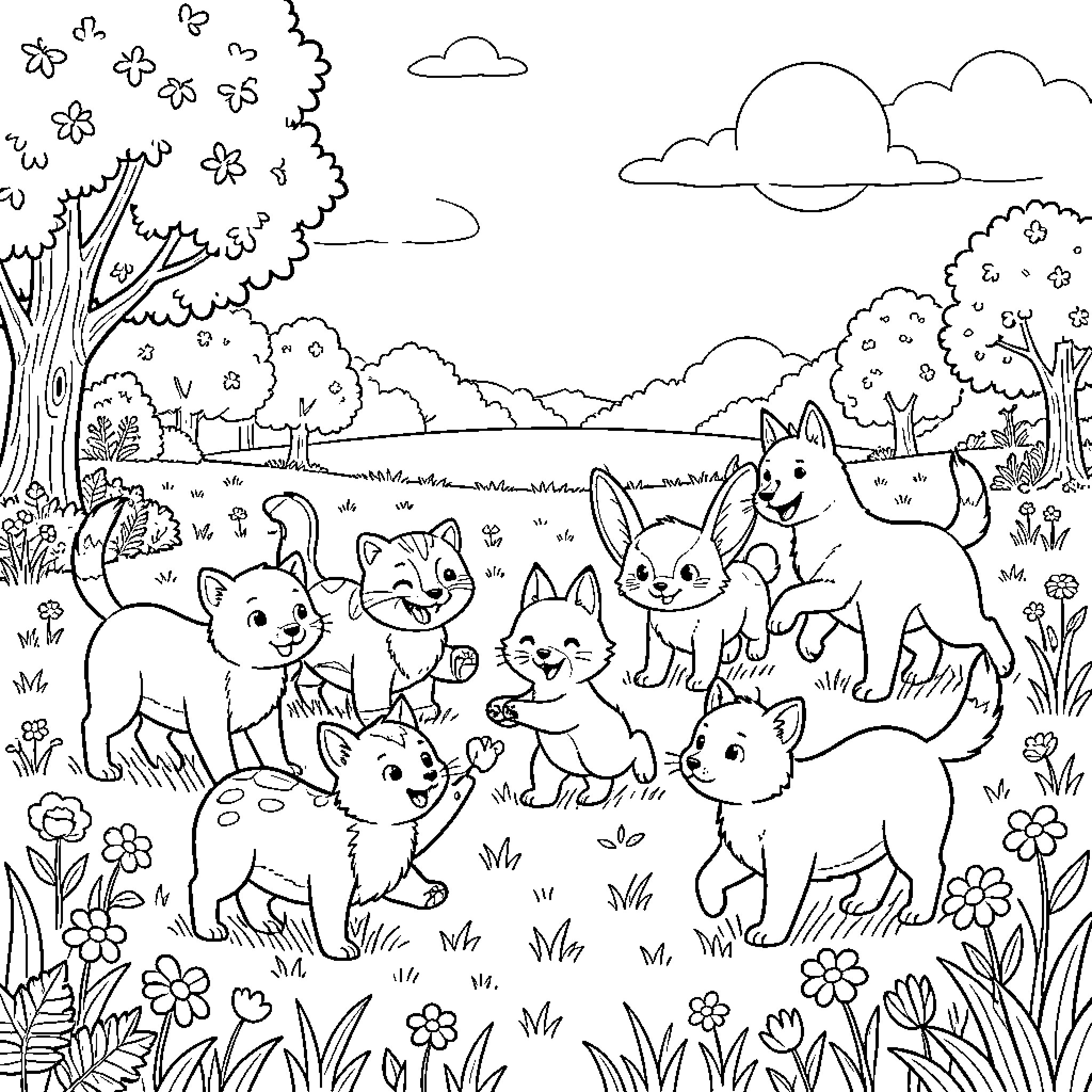 Animal playing happily in the natural scene Coloring Page (free black-and-white line drawing printable PDF for all, from beginners to advanced learners, including children, teens, adults, and seniors)