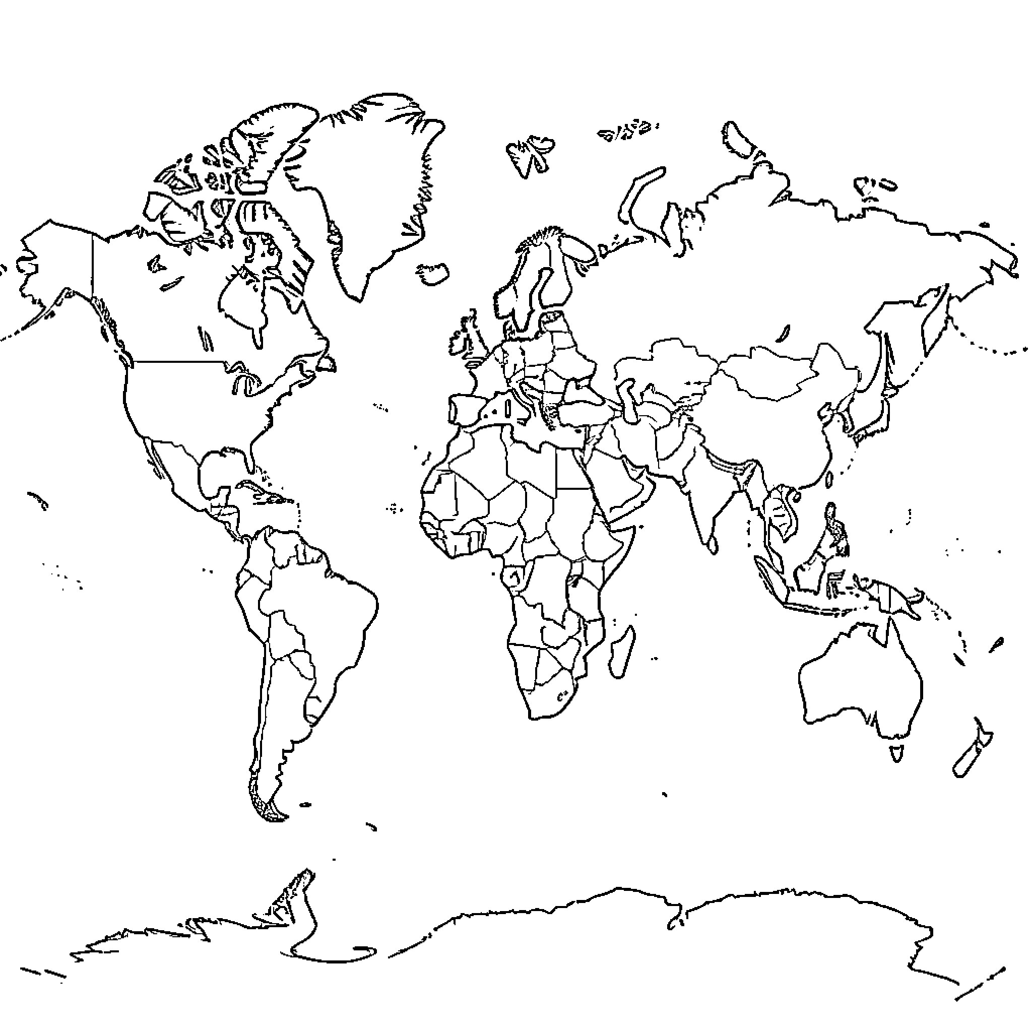 World Map showing global continents and country outlines Coloring Page (free black-and-white line drawing printable PDF for all, from beginners to advanced learners, including children, teens, adults, and seniors)