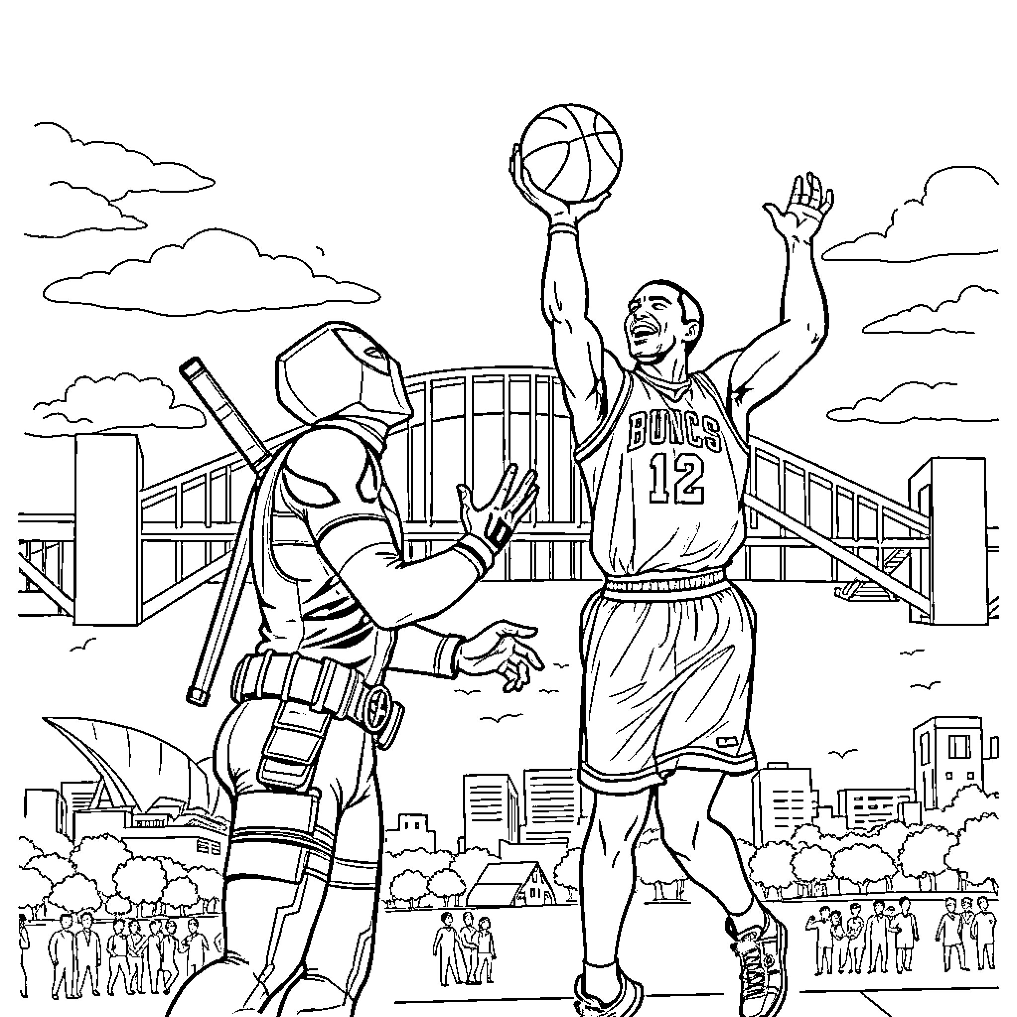 Deadpool Showcases Basketball Skills in Urban Landscape Coloring Page (free black-and-white line drawing printable PDF for all, from beginners to advanced learners, including children, teens, adults, and seniors)