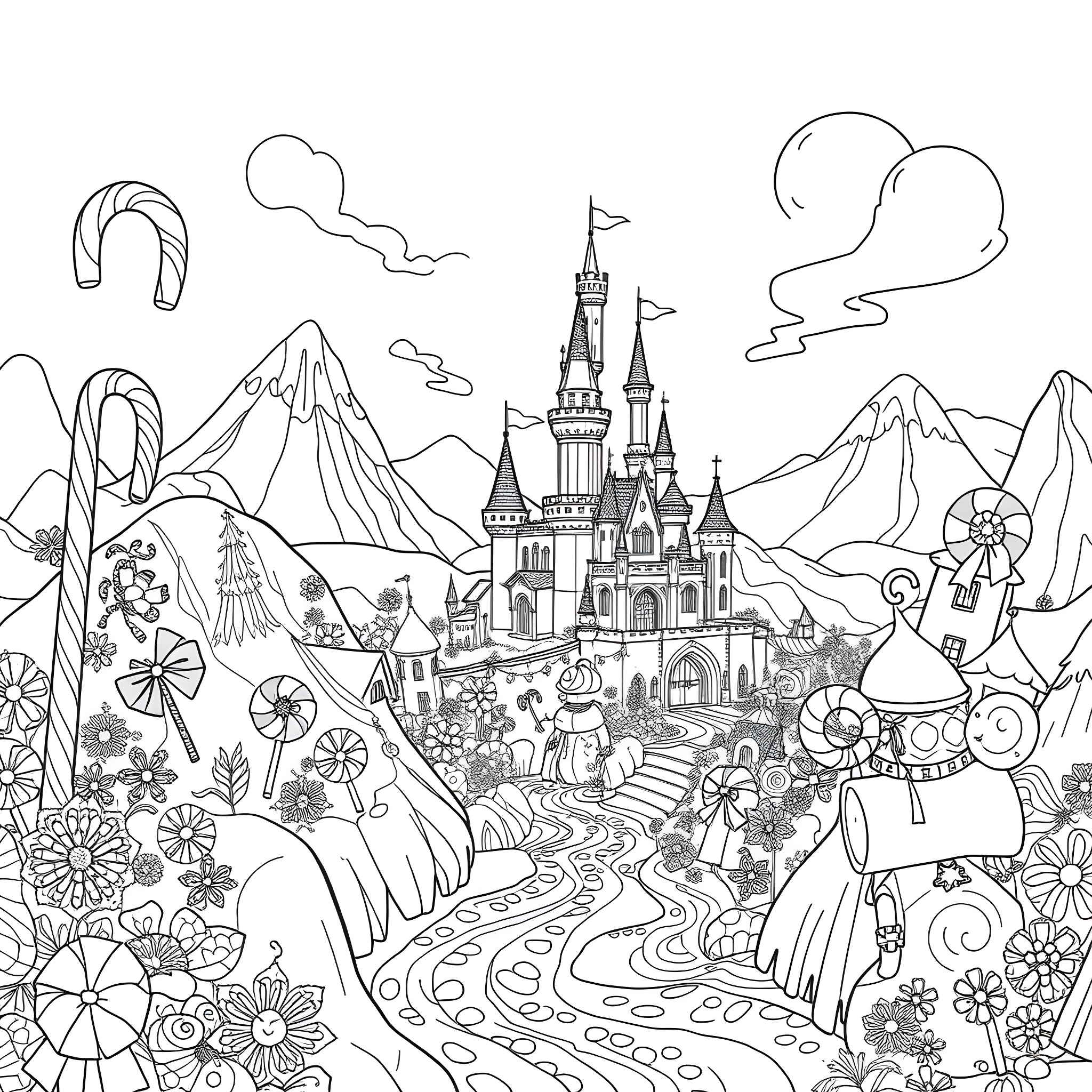 Kingdom of Enchanted Landscapes and Whimsical Scenes Coloring Page (free black-and-white line drawing printable PDF for all, from beginners to advanced learners, including children, teens, adults, and seniors)