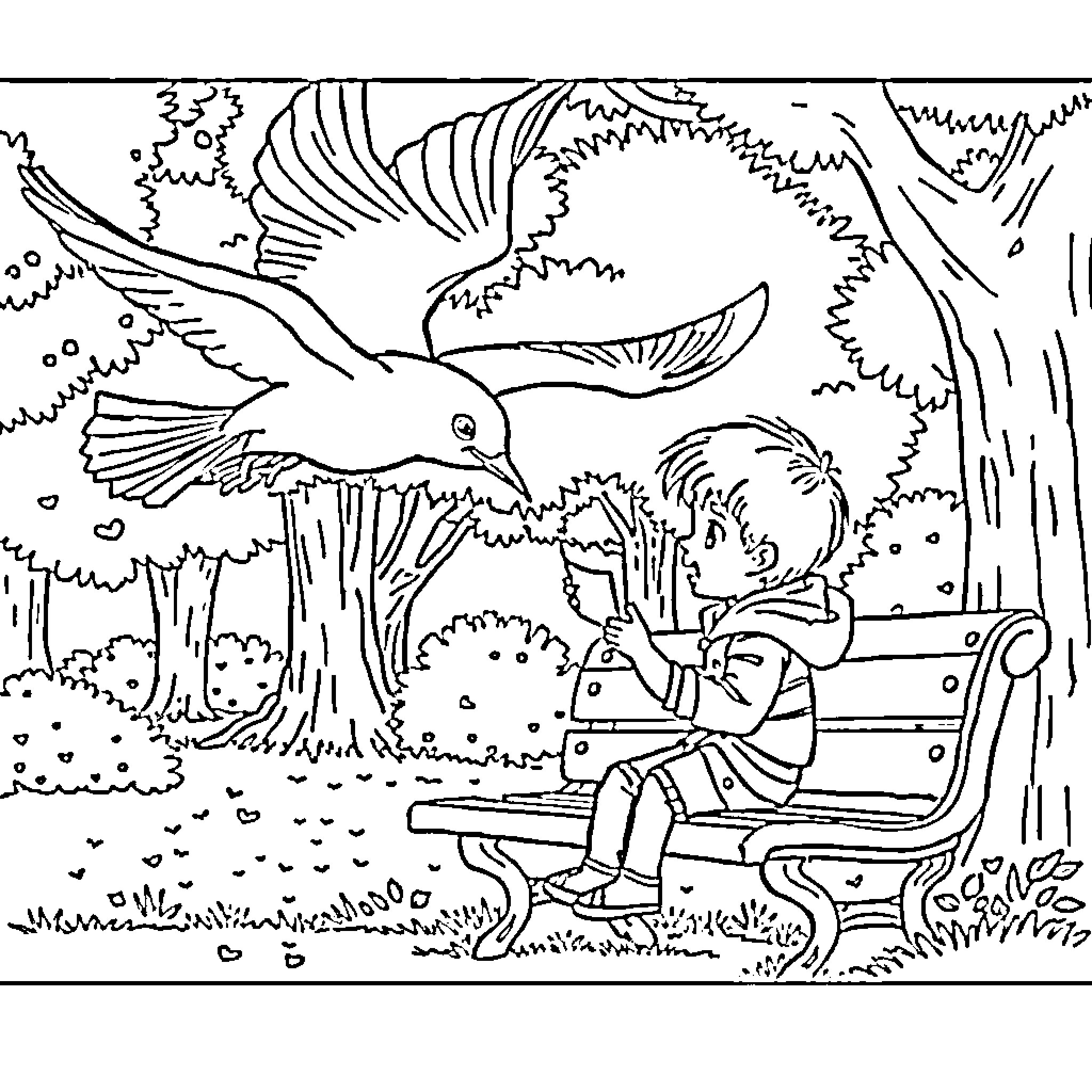Seagull flying over a person sitting on a bench Coloring Page (free black-and-white line drawing printable PDF for all, from beginners to advanced learners, including children, teens, adults, and seniors)