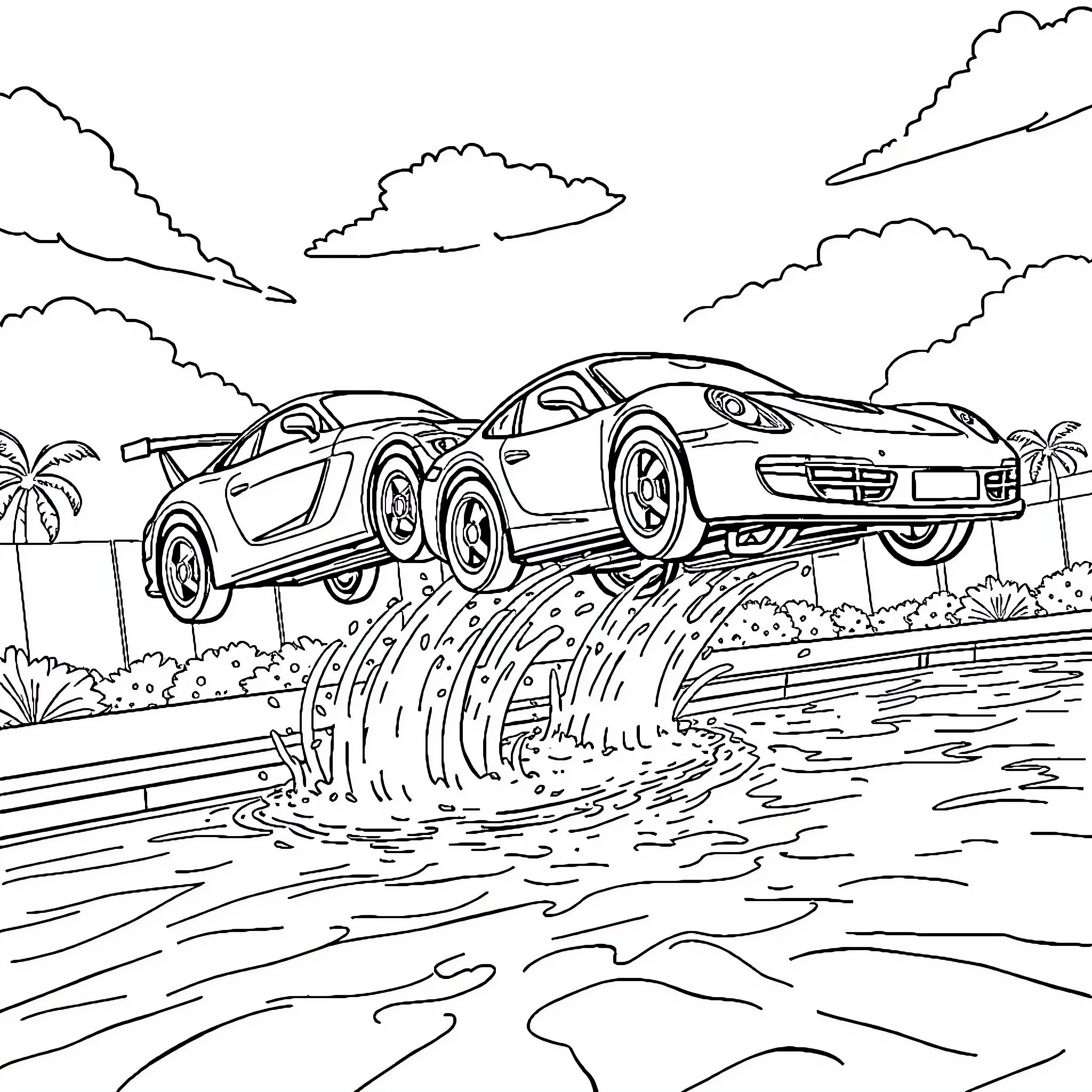 Car racing through tropical landscape Coloring Page (free black-and-white line drawing printable PDF for all, from beginners to advanced learners, including children, teens, adults, and seniors)