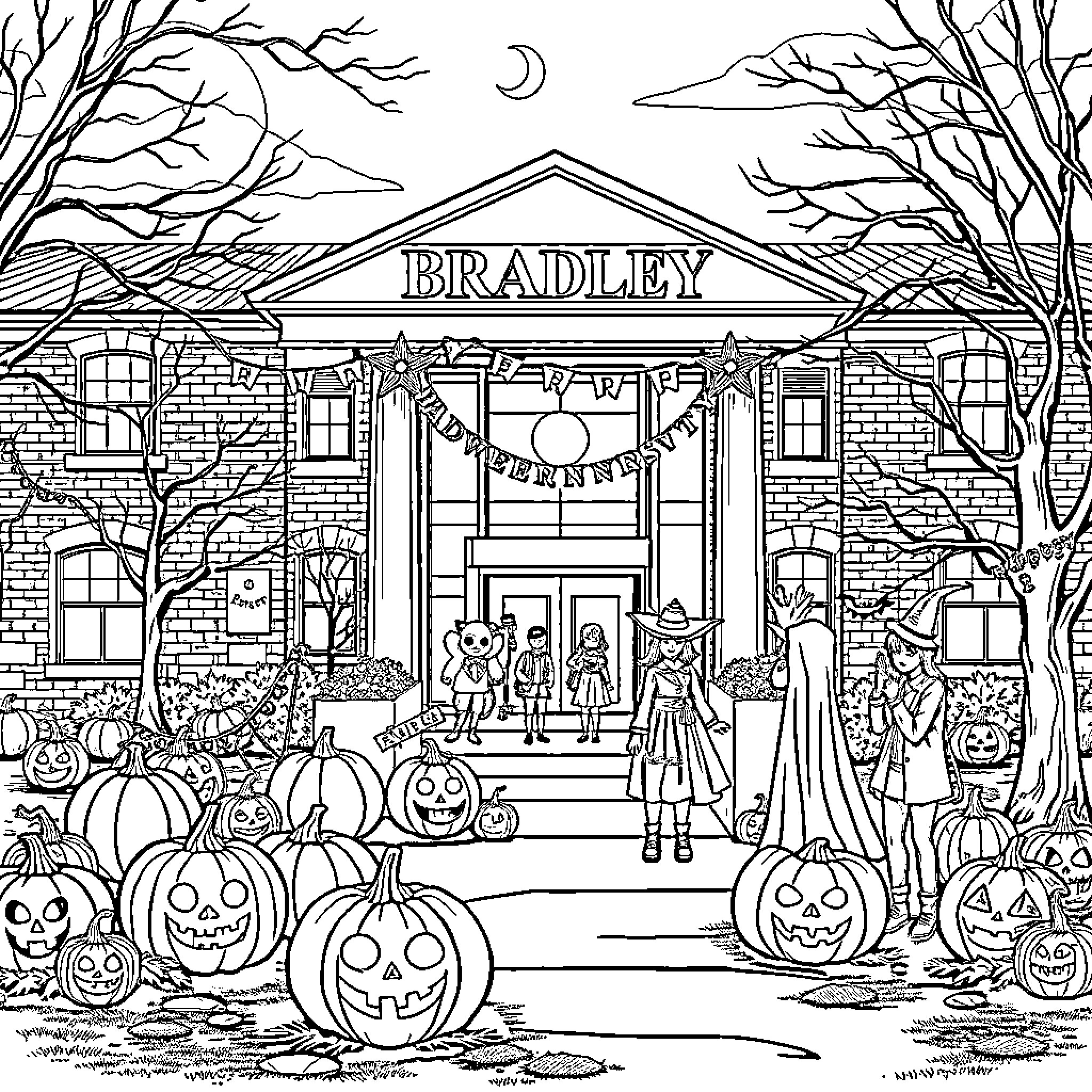 Bradley University Halloween Celebration Coloring Page (free black-and-white line drawing printable PDF for all, from beginners to advanced learners, including children, teens, adults, and seniors)