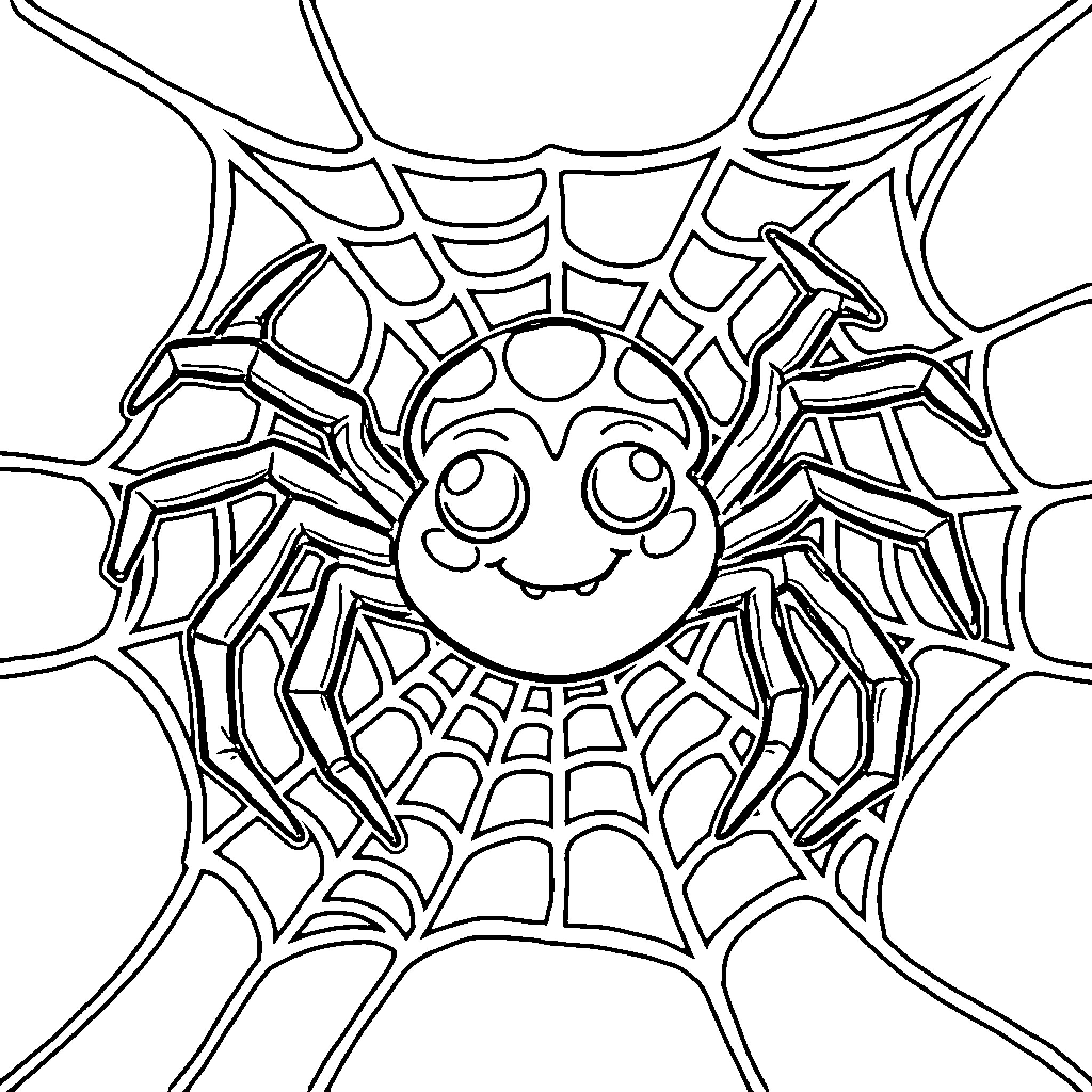 Spider smiling playfully in intricate web Coloring Page (free black-and-white line drawing printable PDF for all, from beginners to advanced learners, including children, teens, adults, and seniors)