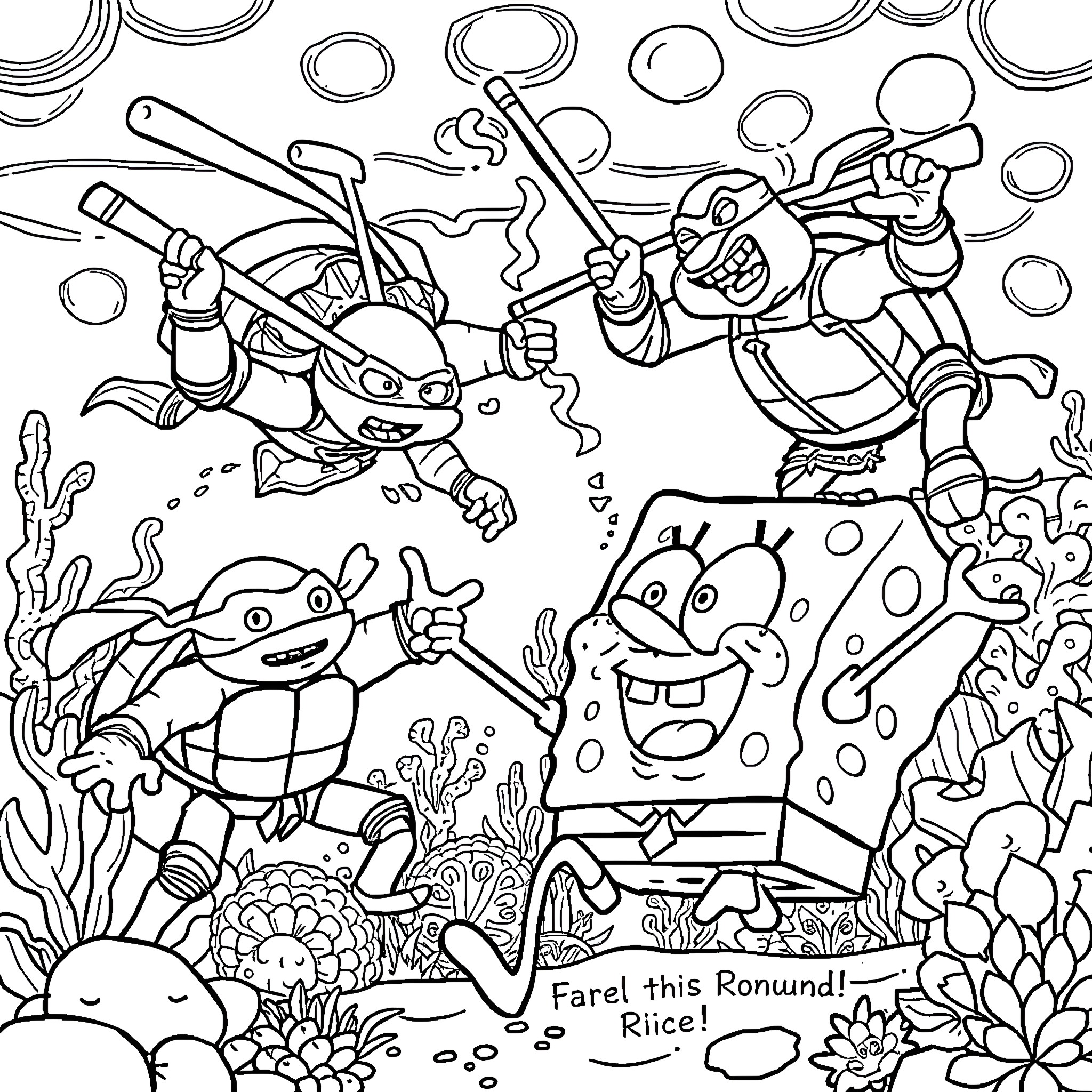 Spongebob and friends underwater adventure Coloring Page (free black-and-white line drawing printable PDF for all, from beginners to advanced learners, including children, teens, adults, and seniors)