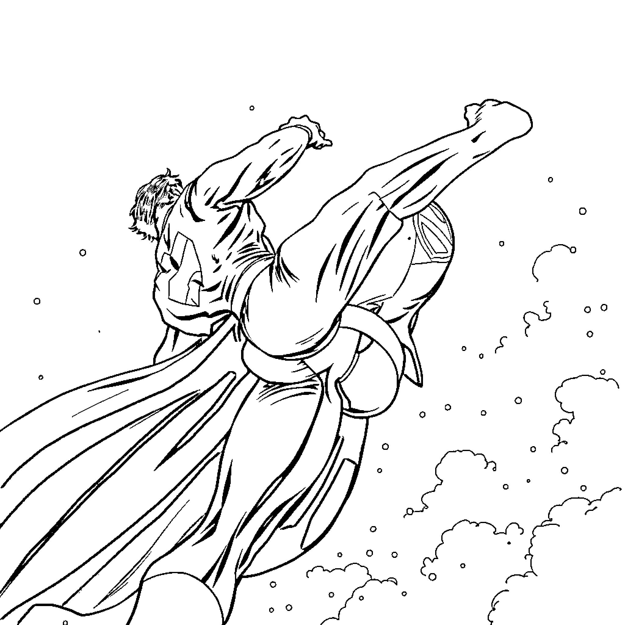 Superman soaring through the skies with heroic pose Coloring Page (free black-and-white line drawing printable PDF for all, from beginners to advanced learners, including children, teens, adults, and seniors)