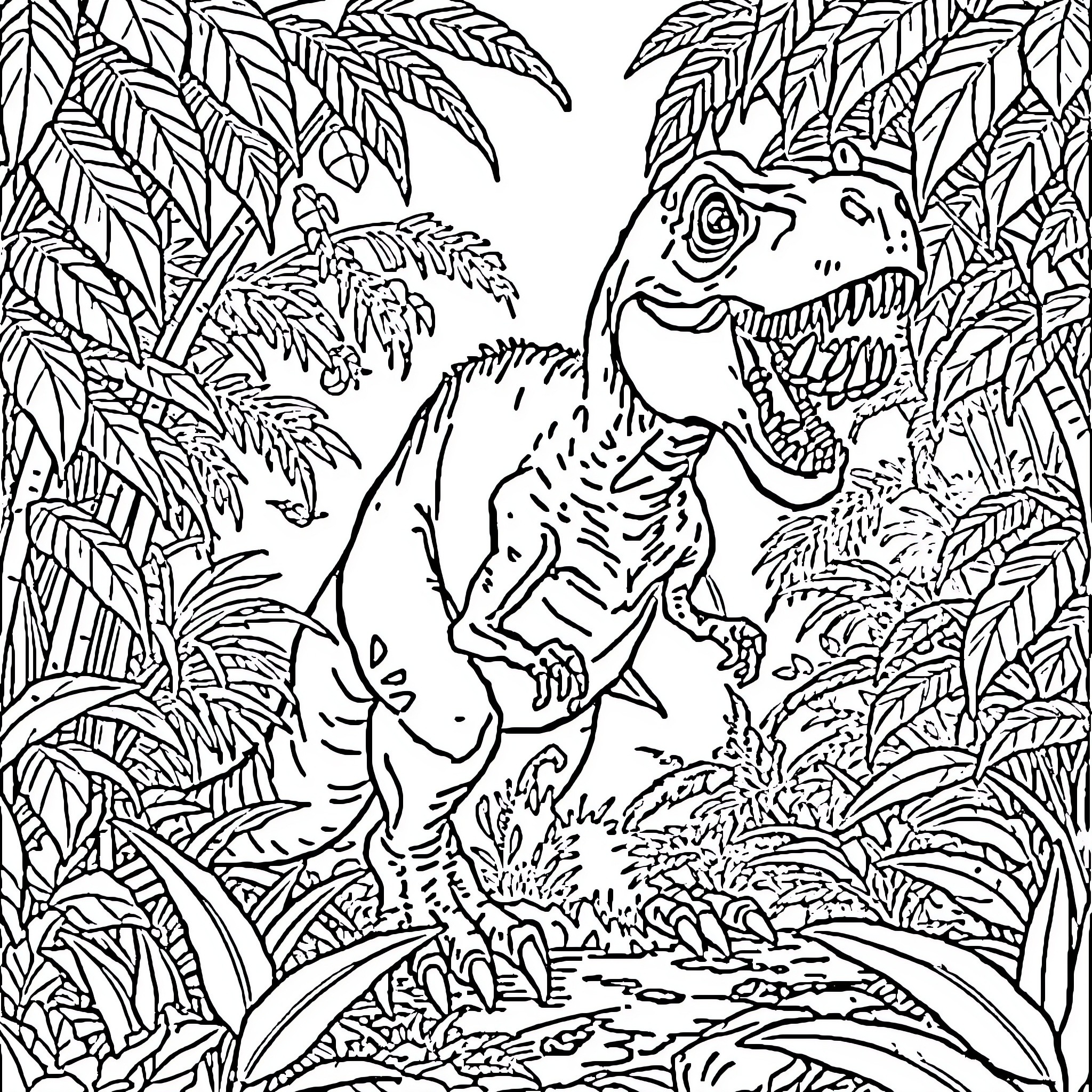 Raptor Roaming Through Lush Jungle Foliage Coloring Page (free black-and-white line drawing printable PDF for all, from beginners to advanced learners, including children, teens, adults, and seniors)