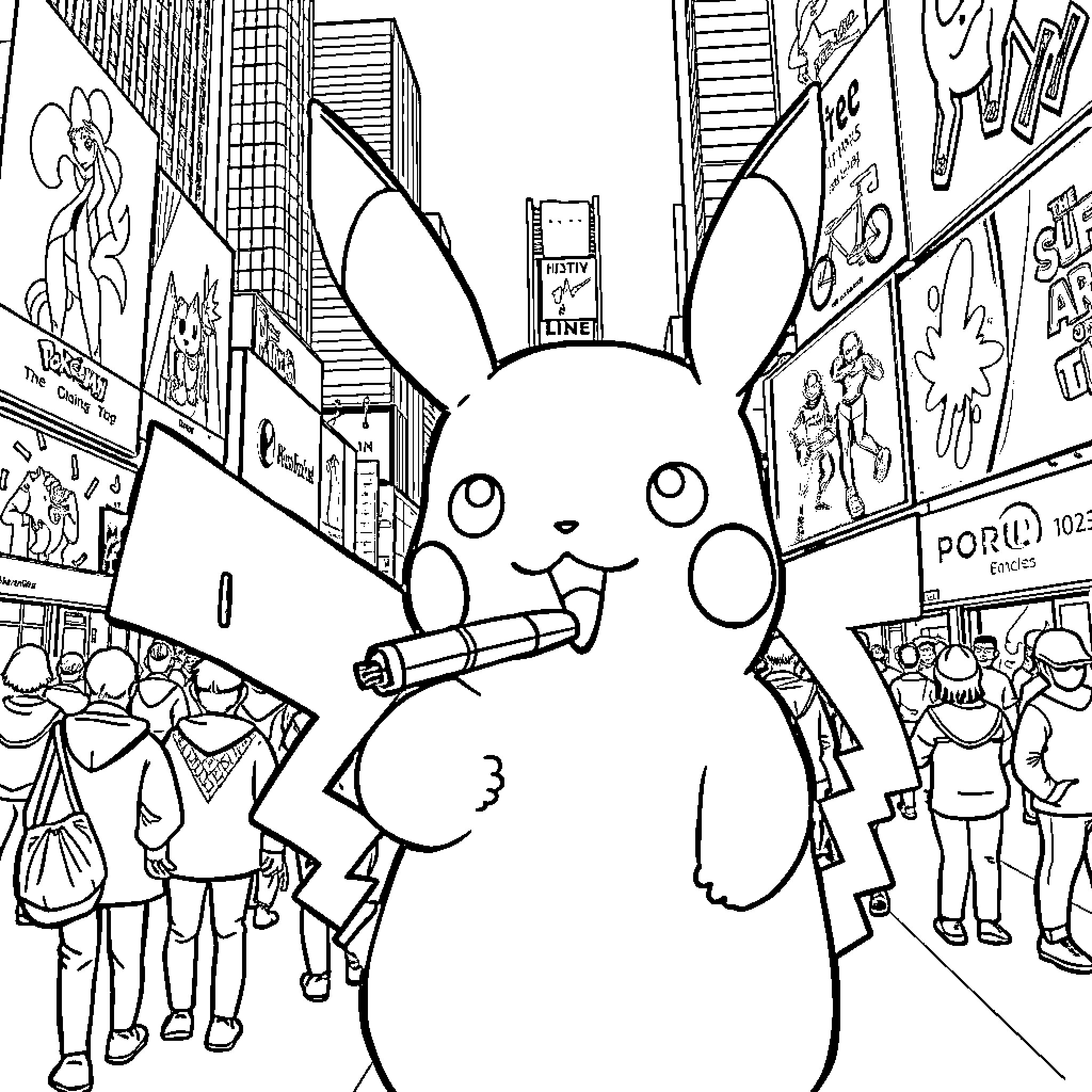 Pikachu exploring the bustling city streets Coloring Page (free black-and-white line drawing printable PDF for all, from beginners to advanced learners, including children, teens, adults, and seniors)